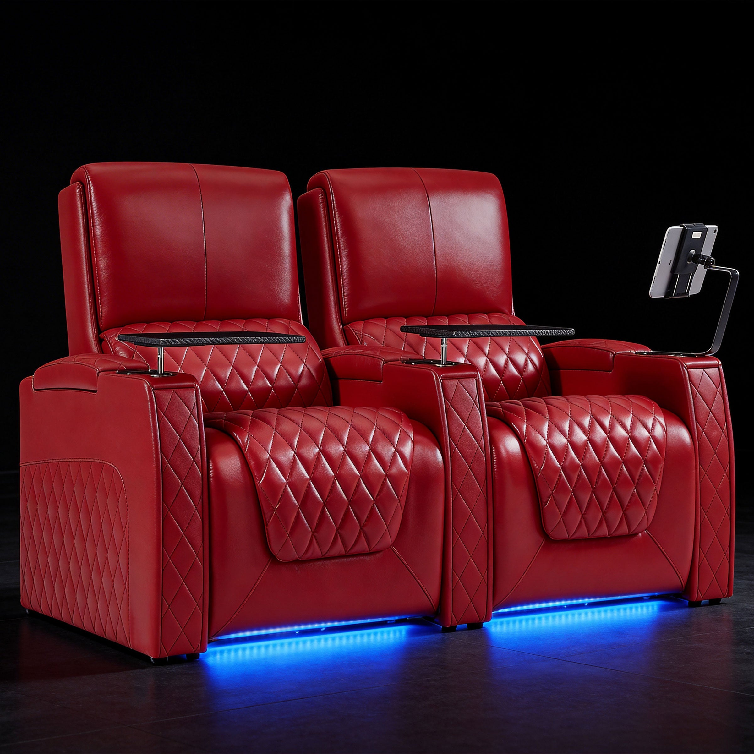 Red media room recliners featuring vibrant LED under-seat lighting