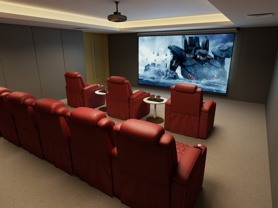 Full theater layout with multiple red leather seats facing a large screen