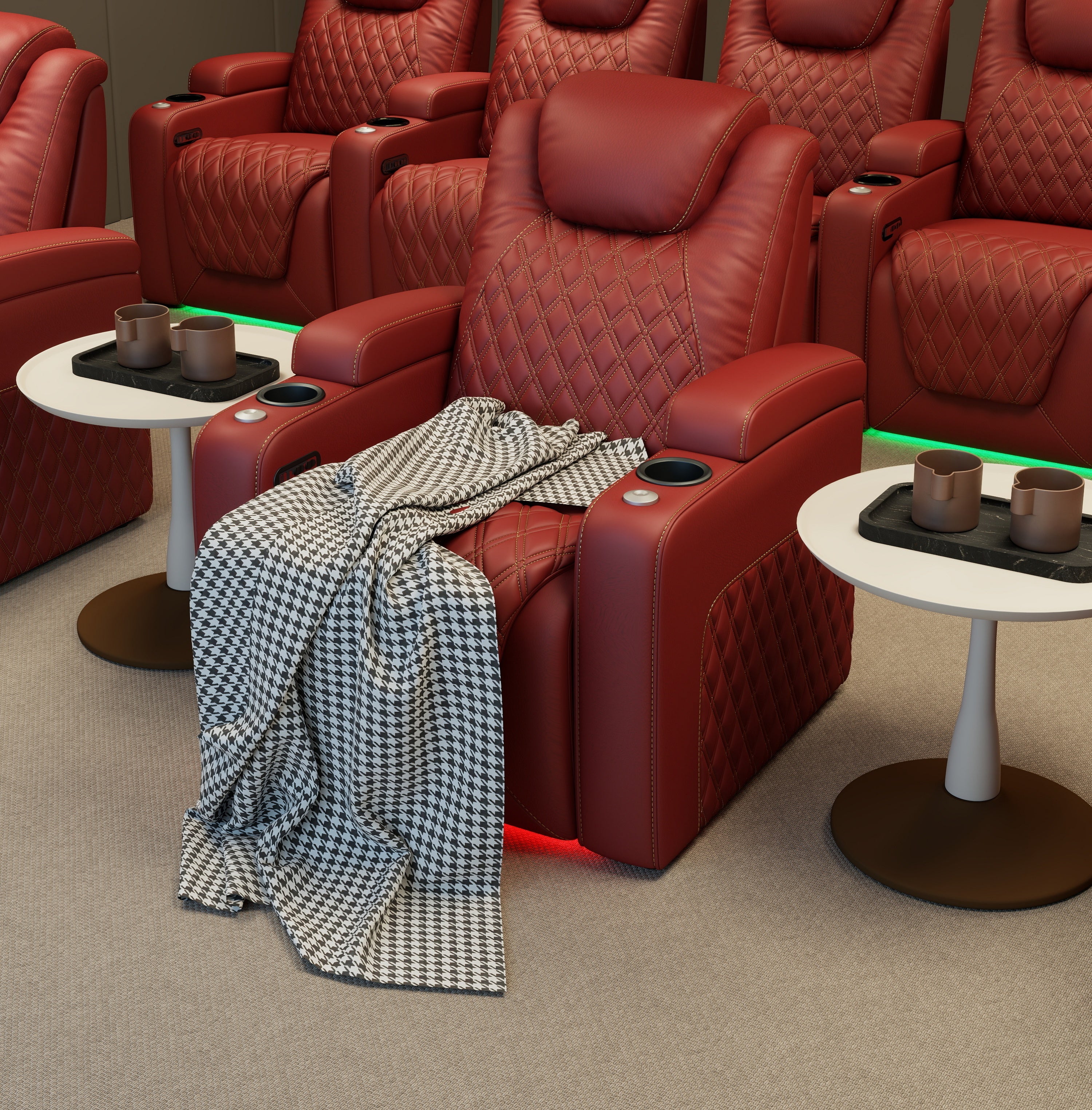 Single red leather chair with integrated side table and cup holders