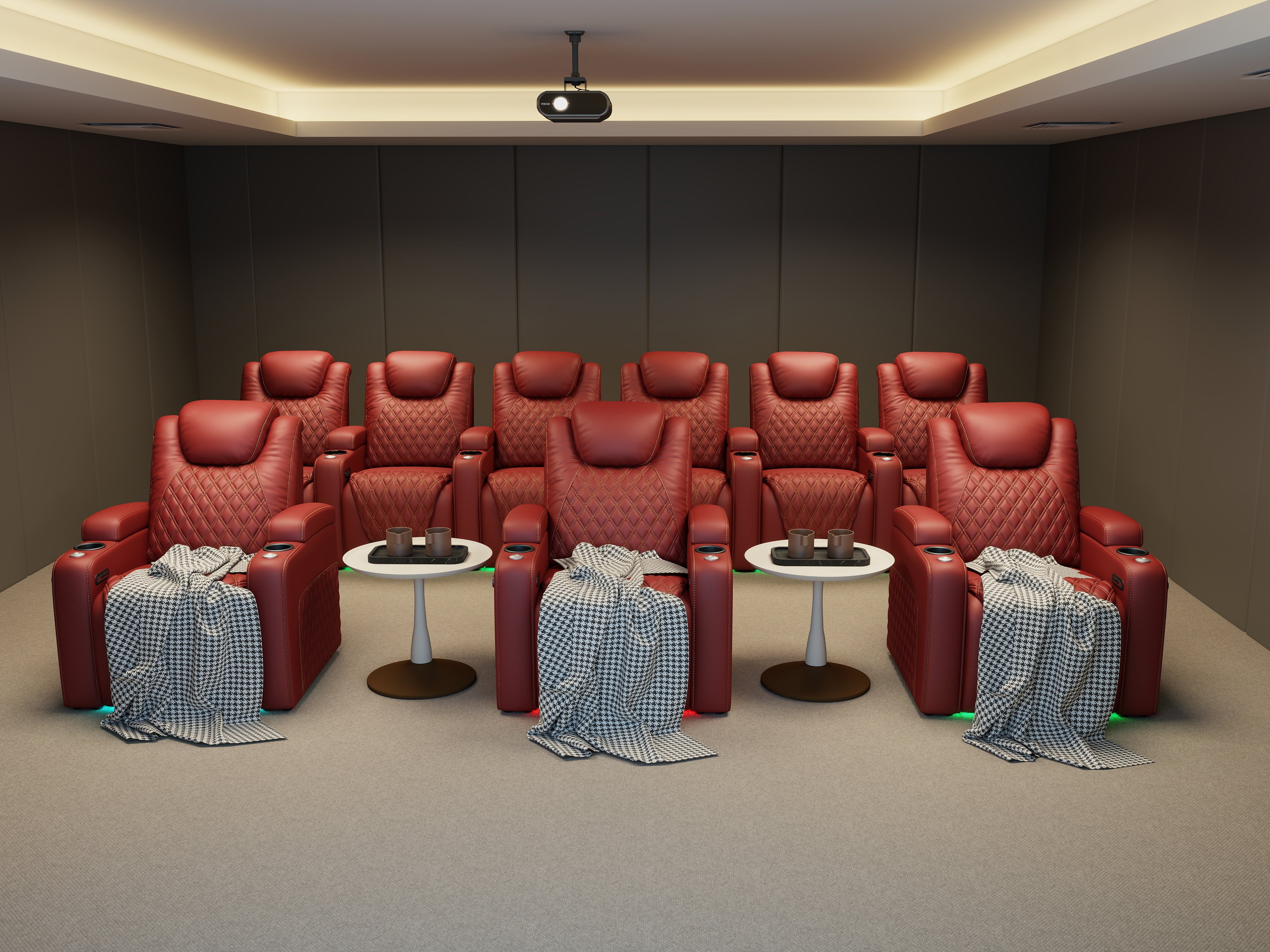 Tiered seating layout with multiple rows of leather theater chairs