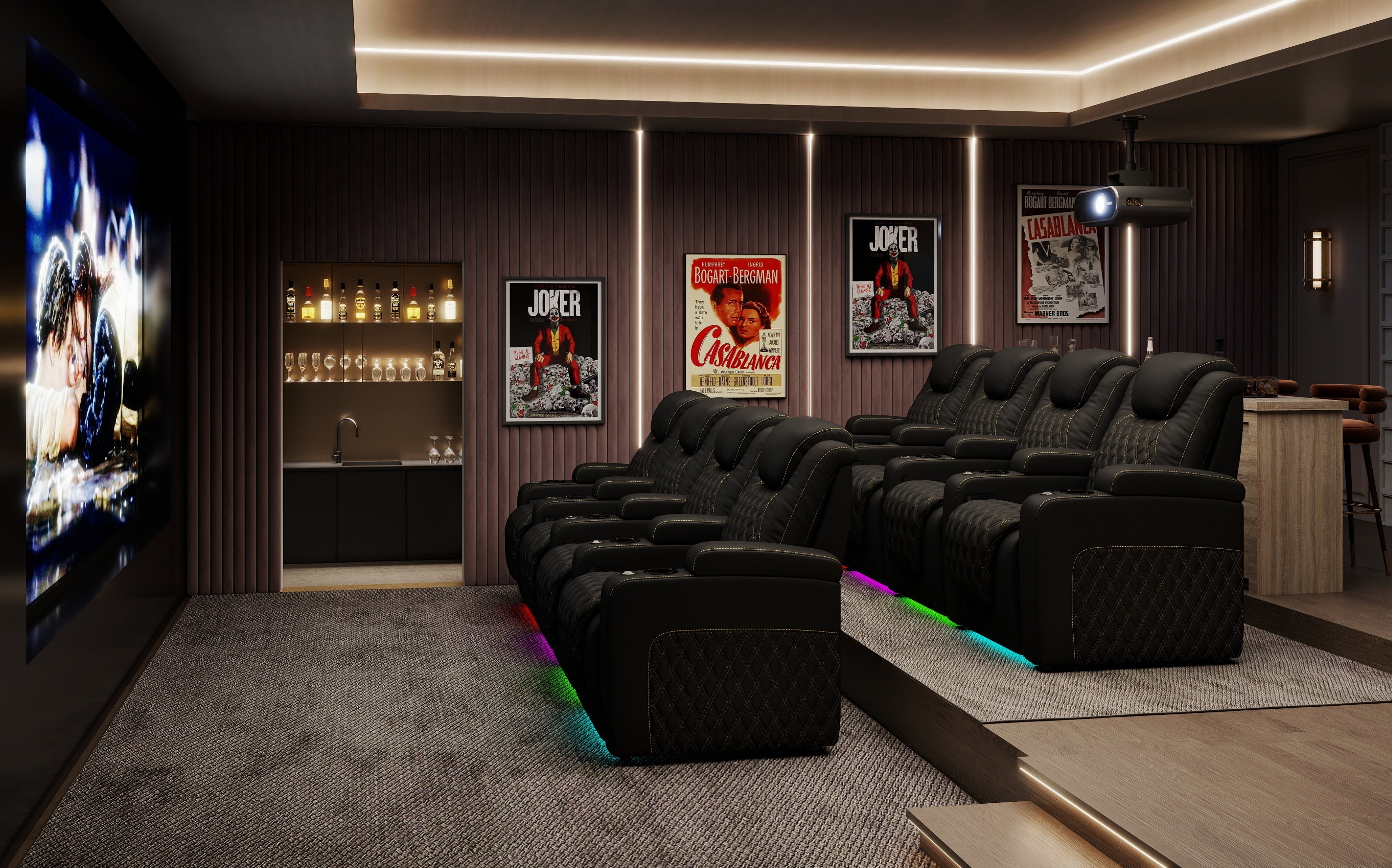 Black home theater seating arranged for a cozy movie night with ambient lighting and large screen