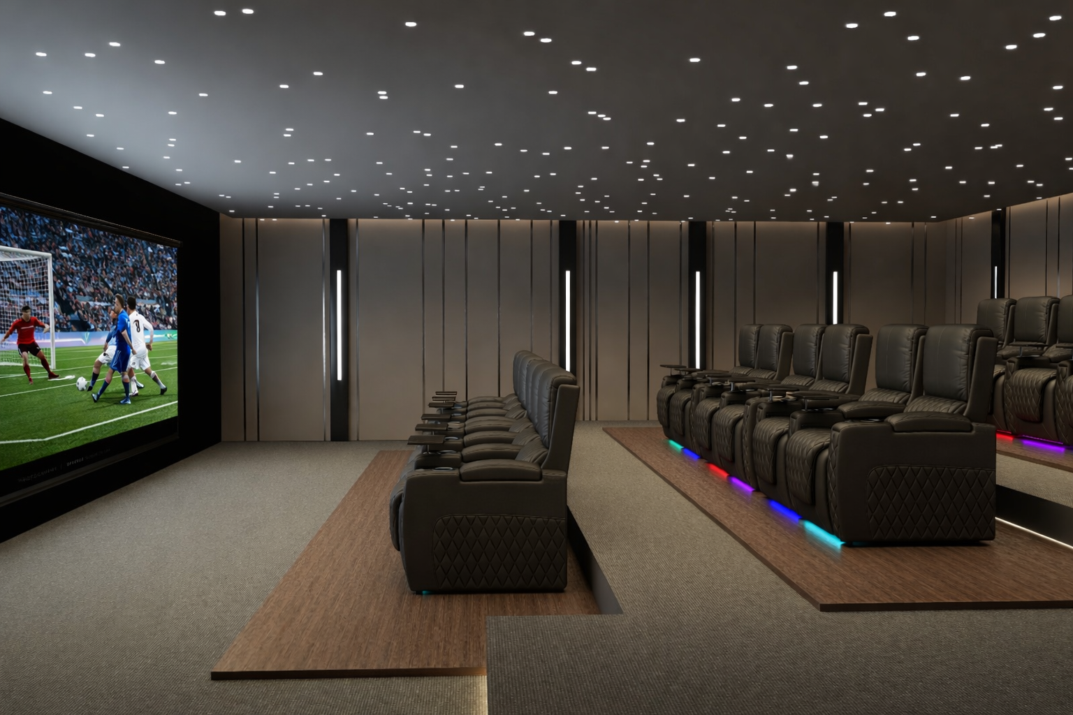 Modern home theater with two rows of black leather recliners on raised platforms and a large screen displaying a live soccer match.
