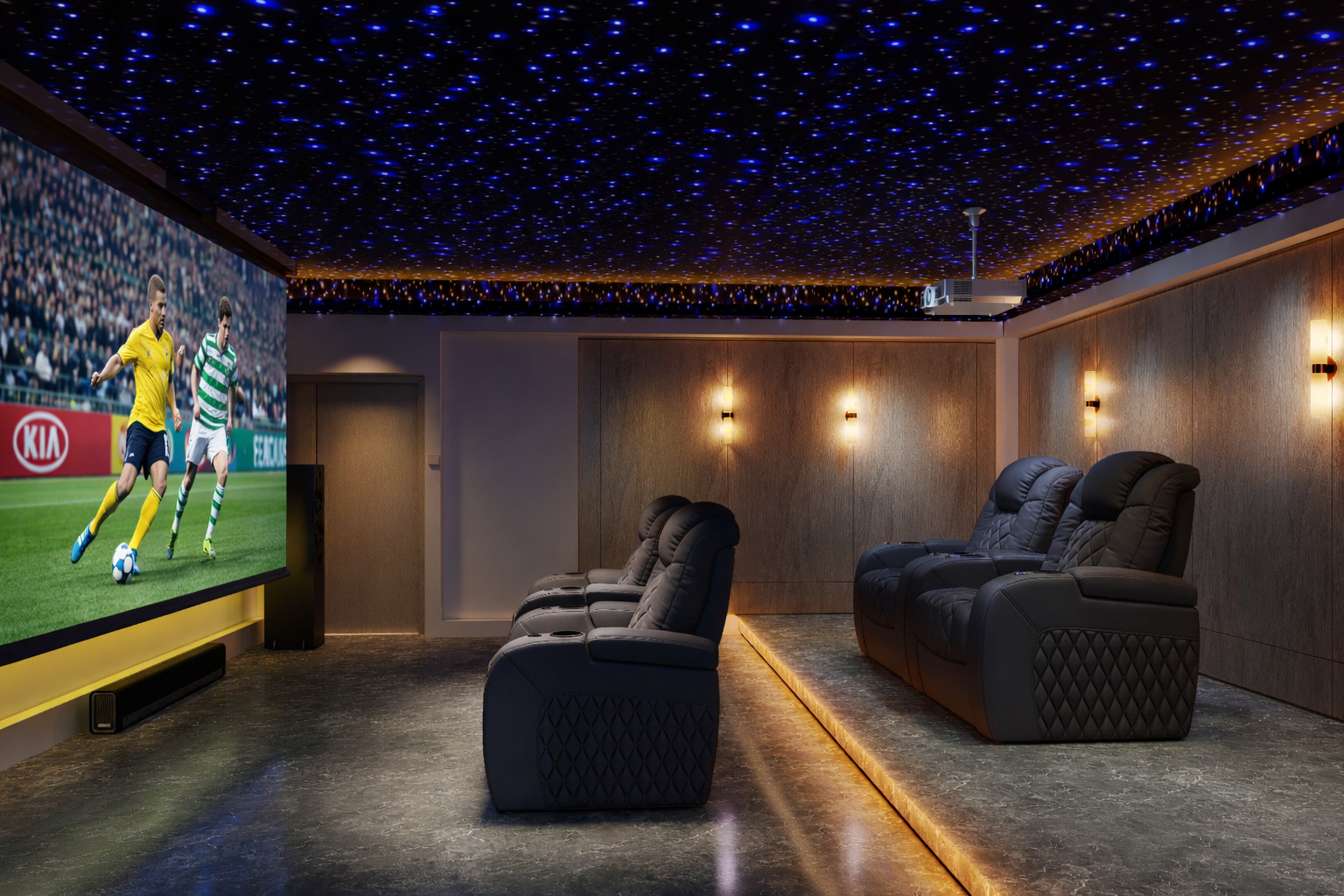 Modern home theater with two rows of black leather recliners on raised platforms and a large screen displaying a live soccer match.