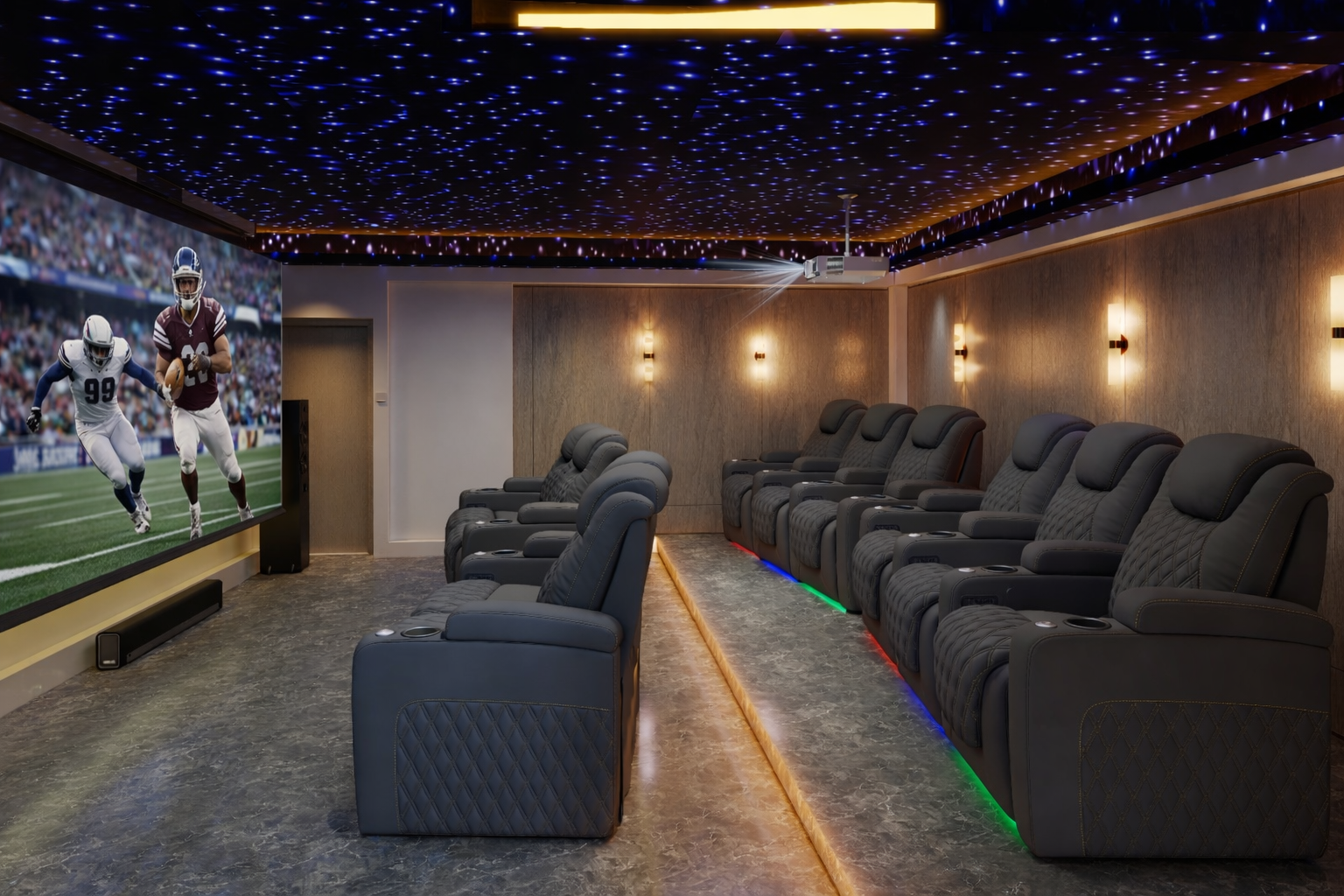 Home theater setup with multiple recliners and LED lighting during a live sports game