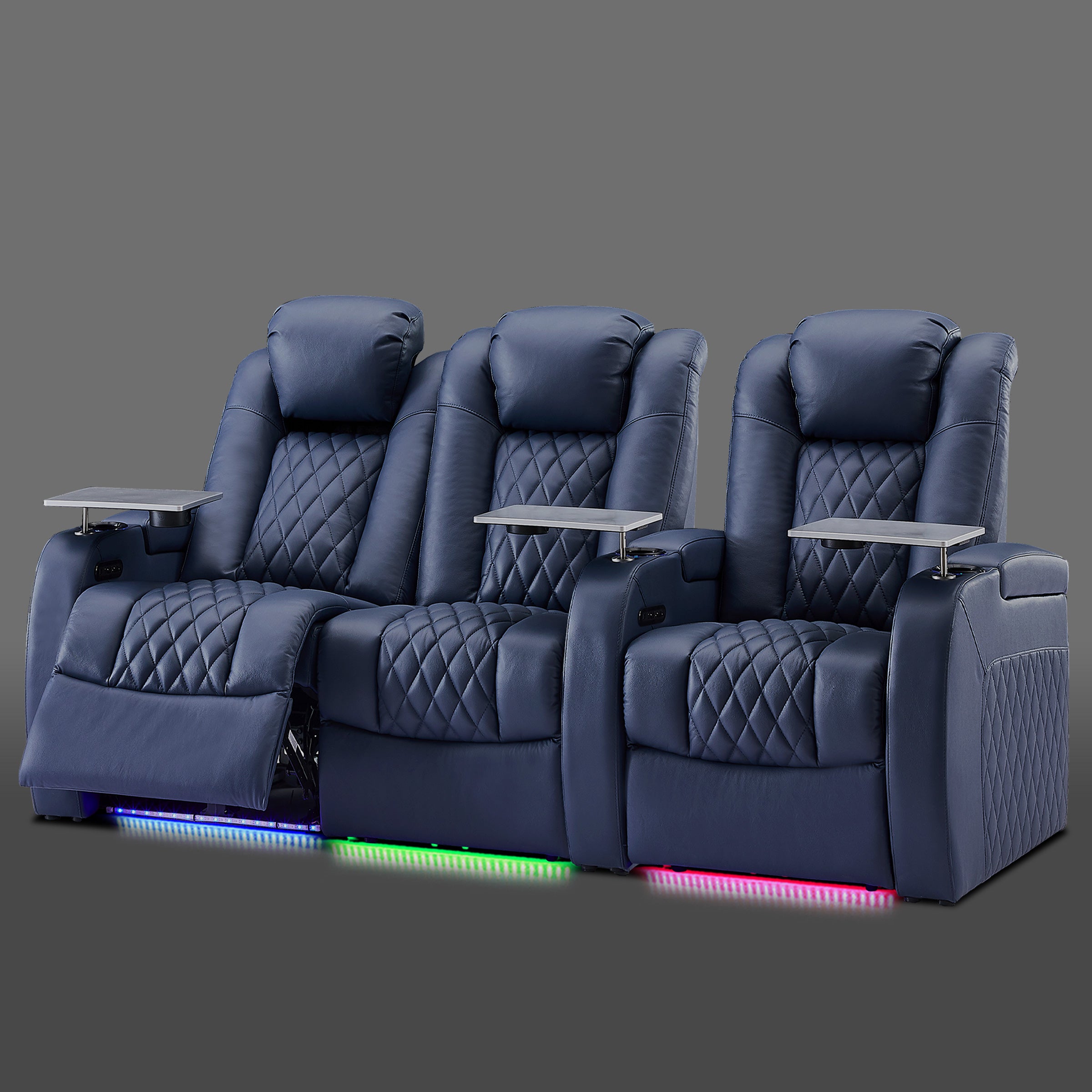 Blue three chair setup featuring a paired section on the left with one standalone chair