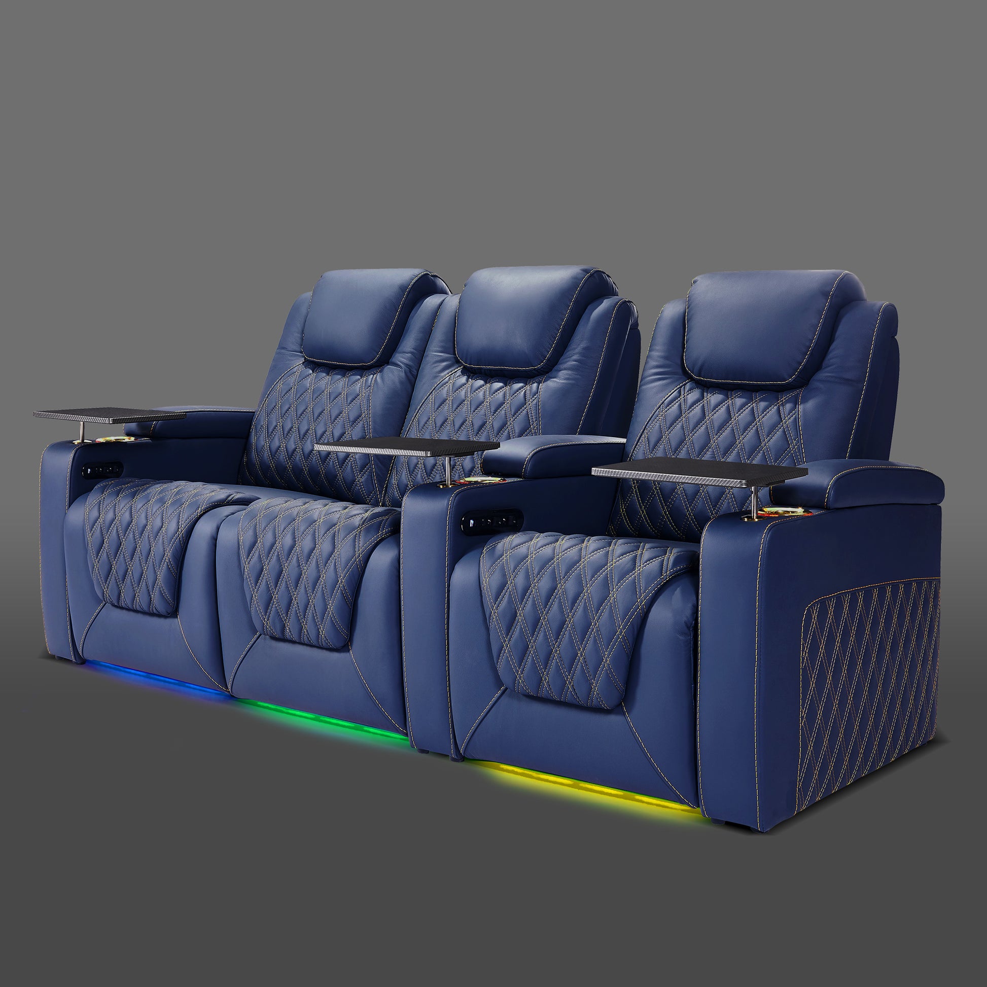 Blue three chair setup featuring a paired section on the left with a separate chair beside it