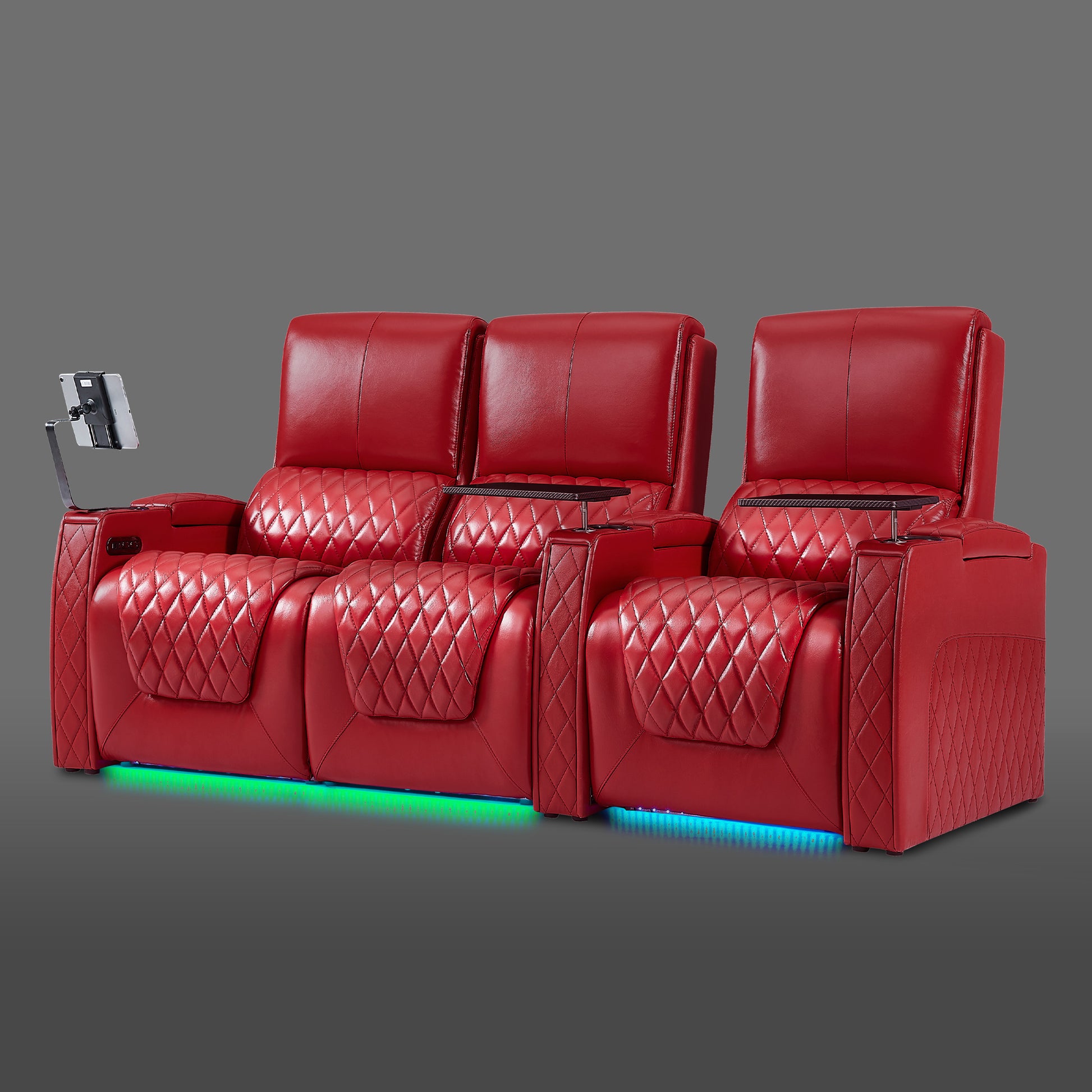 Axys series red 3-seat home theater sofa with a double recliner on the left and a single reclining chair on the right