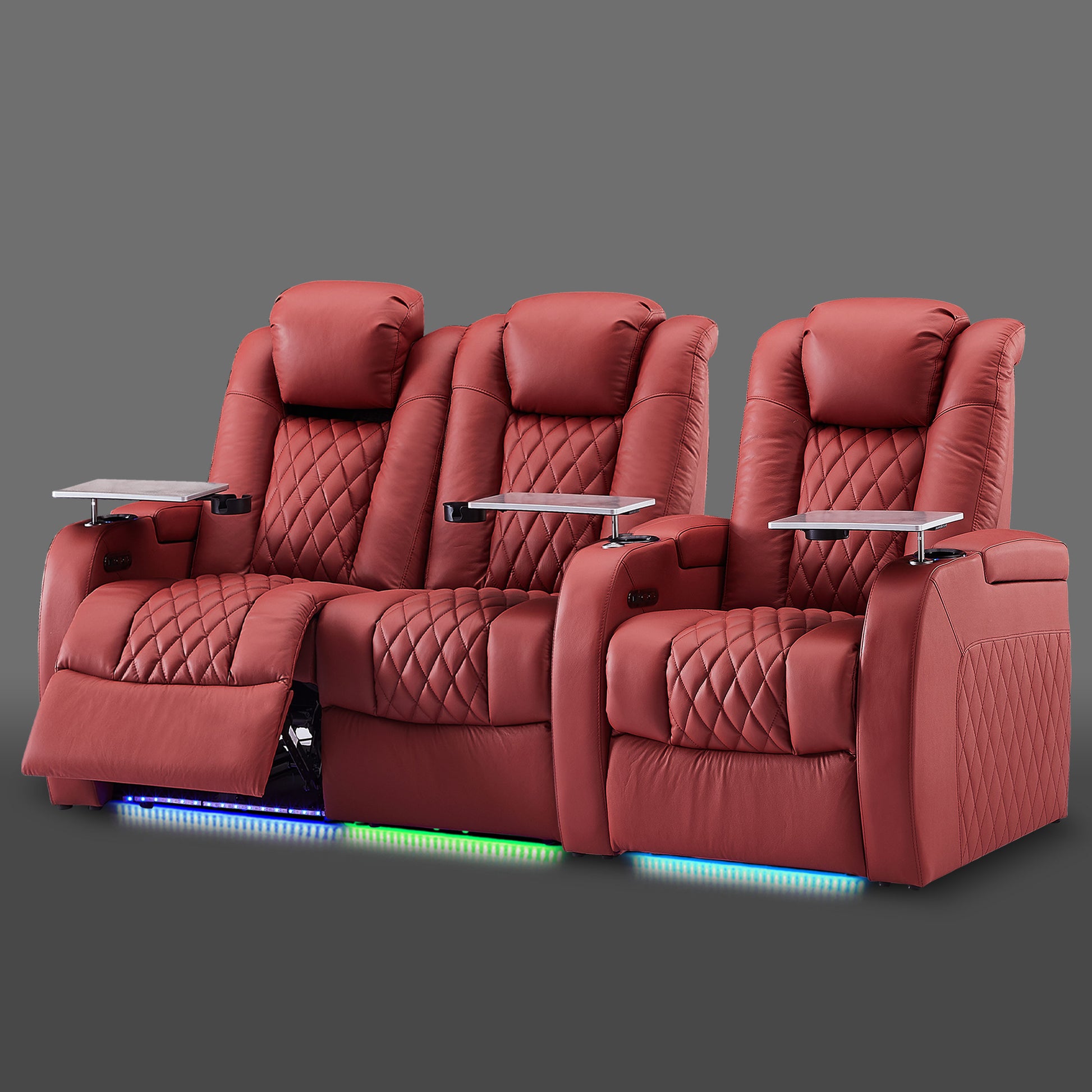 Red three chair seating showing a connected pair on the left with one standalone chair