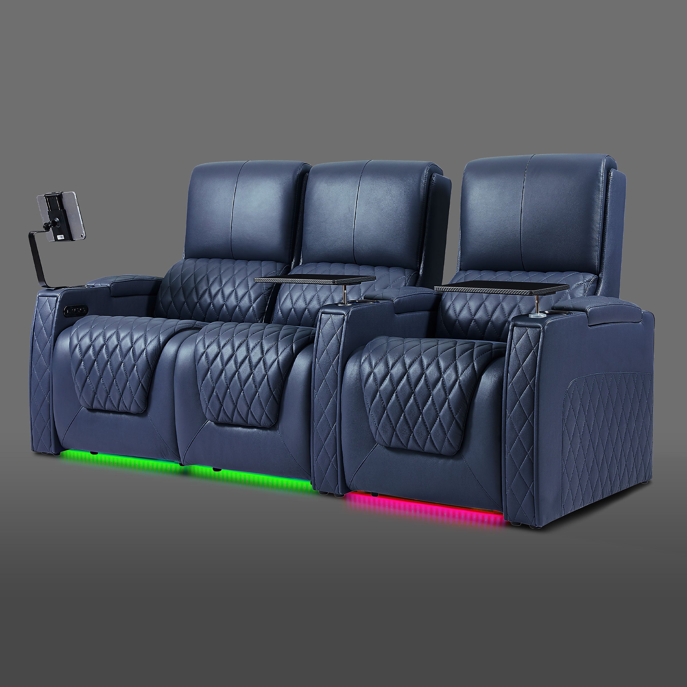 Axys series blue 3-seat theater sofa featuring a two-seat unit on the left and a standalone recliner on the right