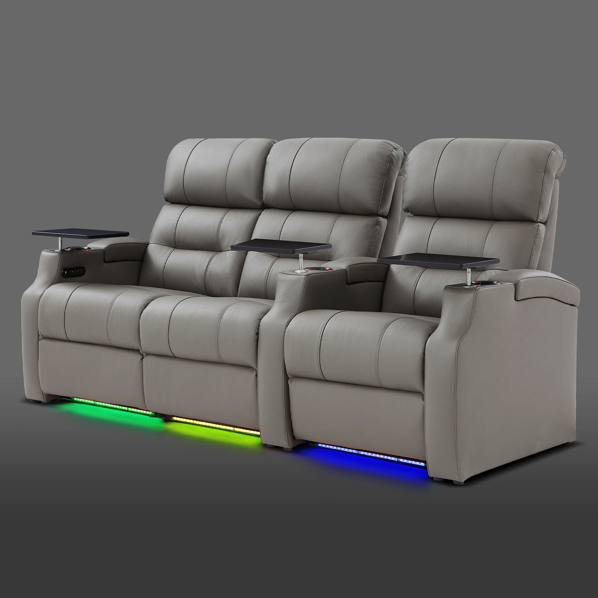 Edgex Series gray 3-seat home theater sofa with a left-side connected two-seat recliner and a single chair on the right