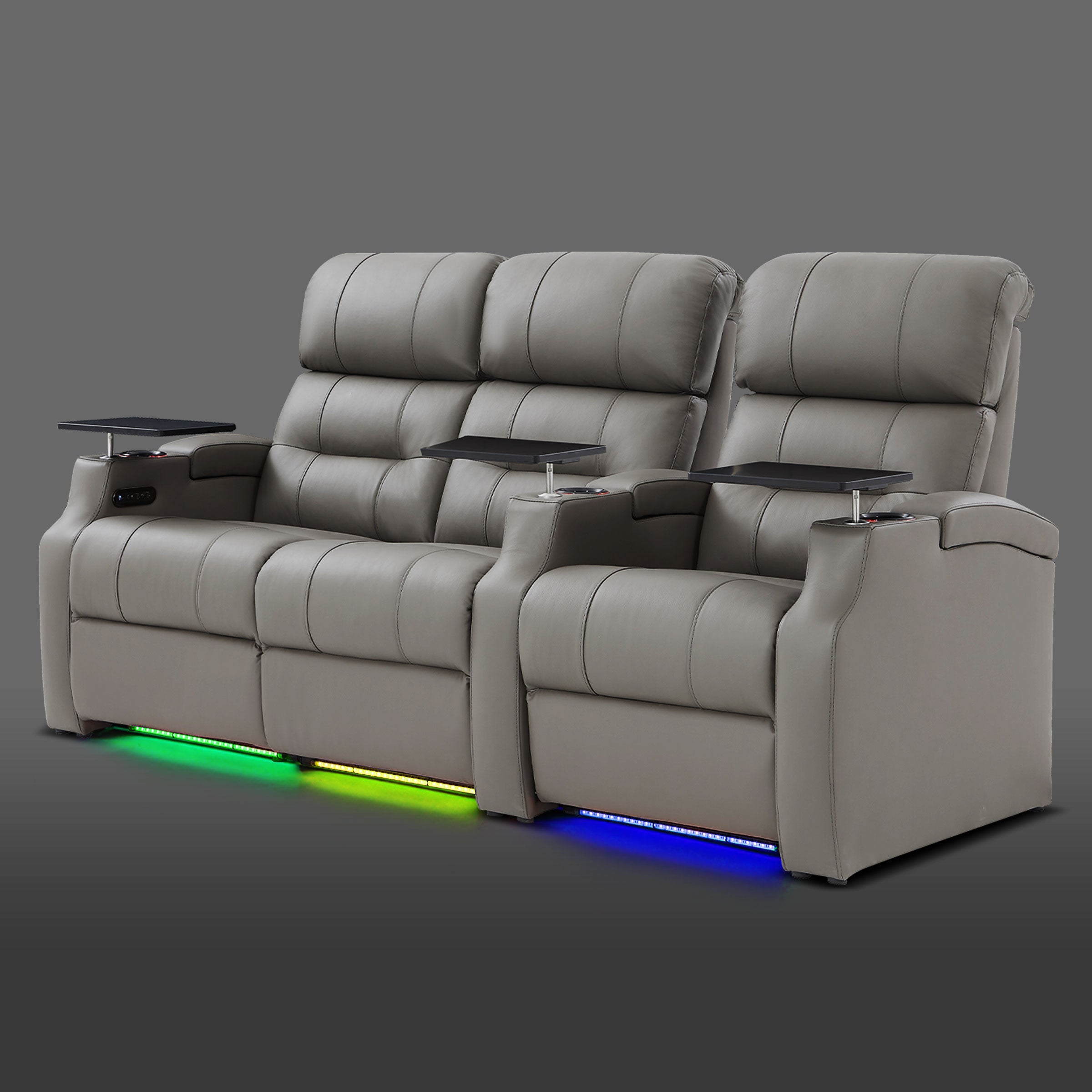 Edgex Series gray 3-seat home theater sofa with a left-side connected two-seat recliner and a single chair on the right