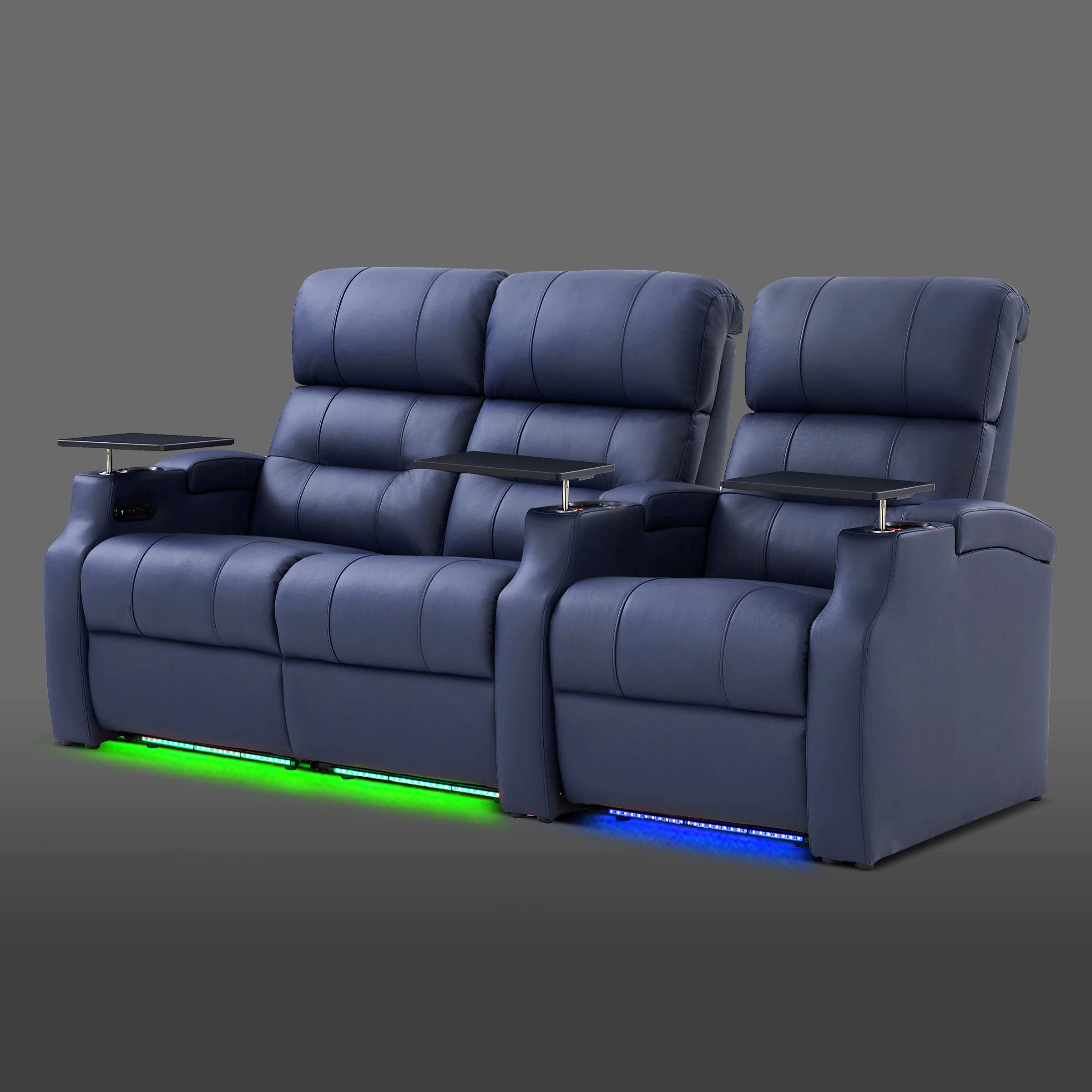 Edgex Series blue 3-seat theater seating with a left-side dual recliner and one separate chair on the right