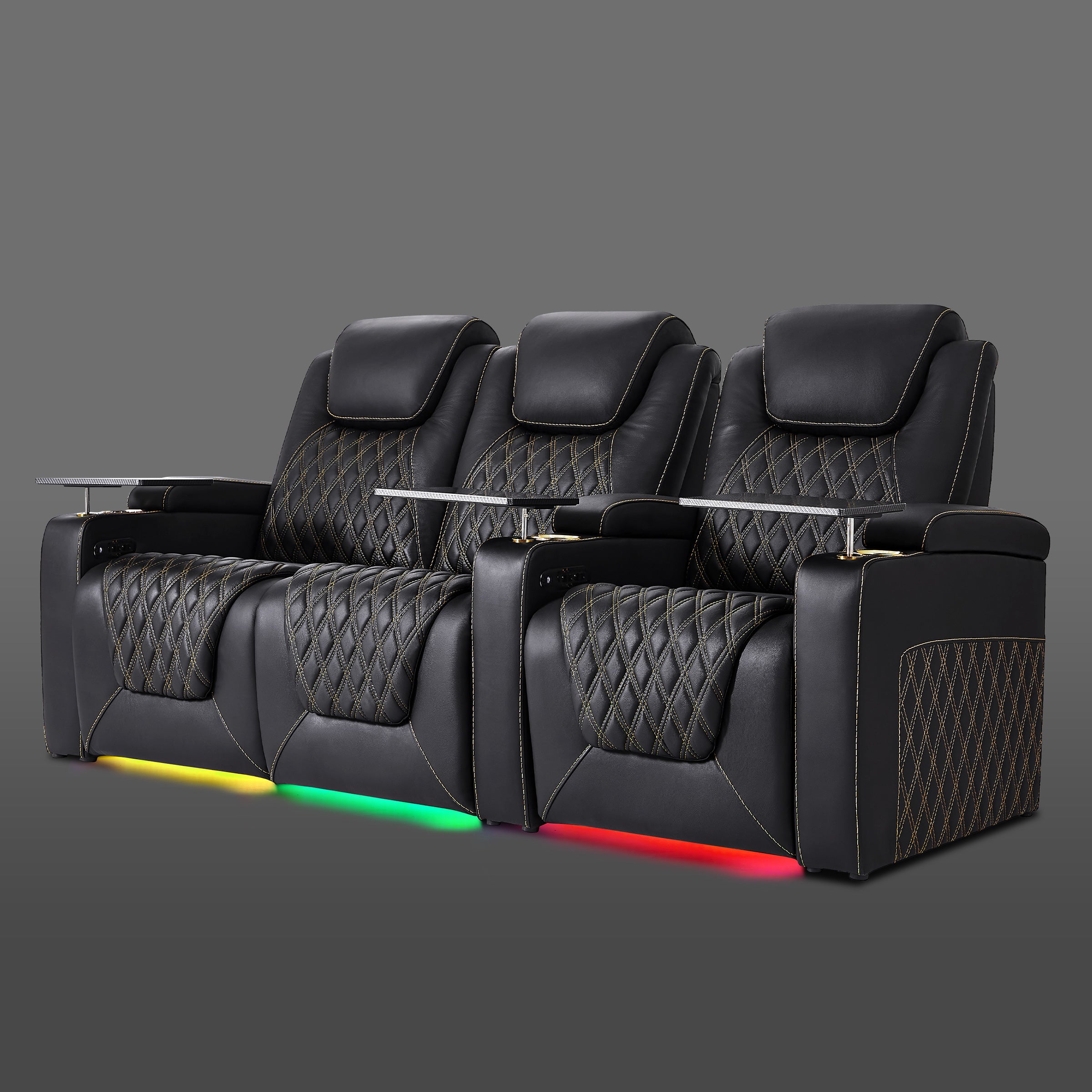 Black three chair row showing a joined pair on the left and a single chair on the right