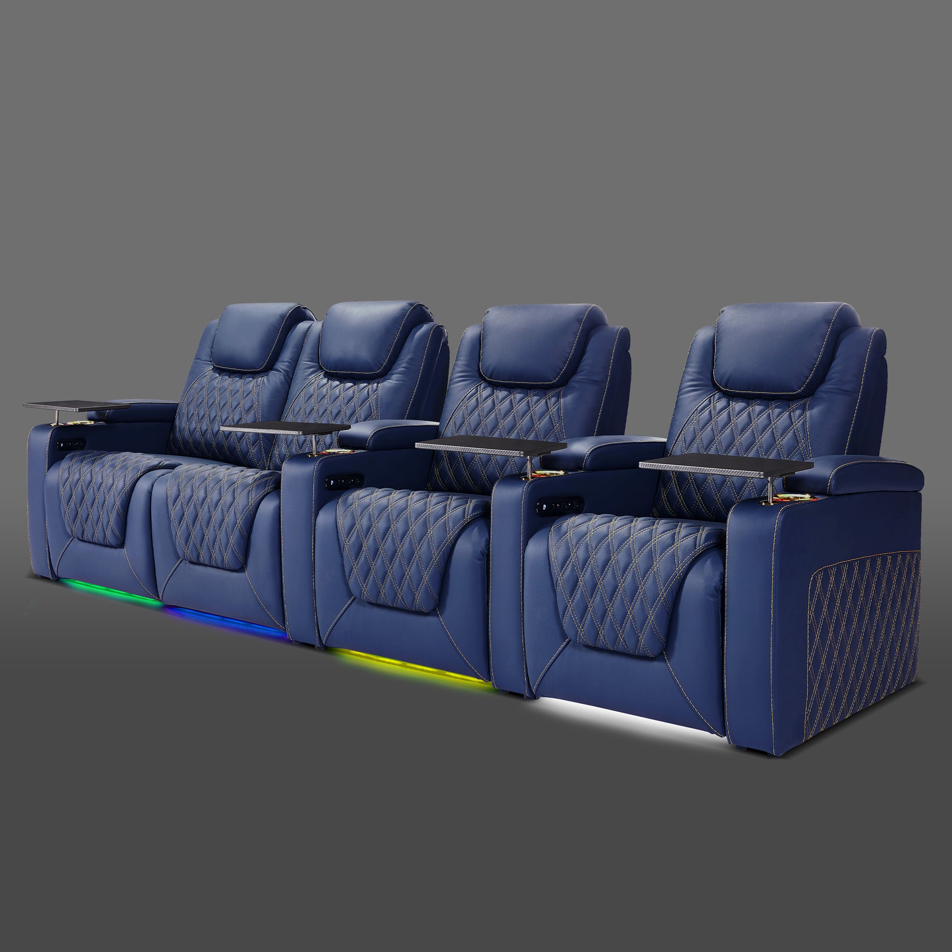 Blue four chair arrangement with two chairs linked on the left and two placed individually