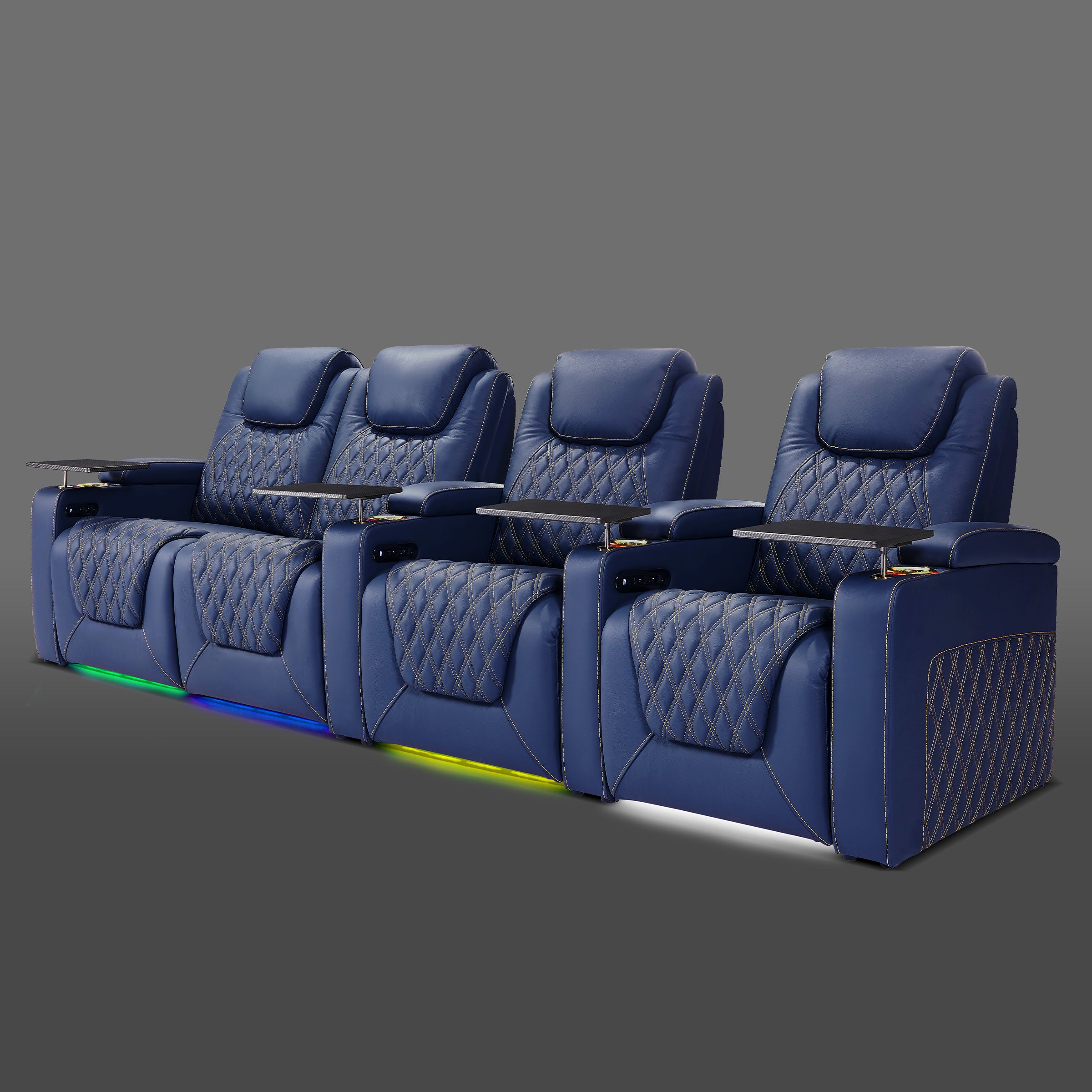 Blue four chair arrangement with two chairs linked on the left and two placed individually