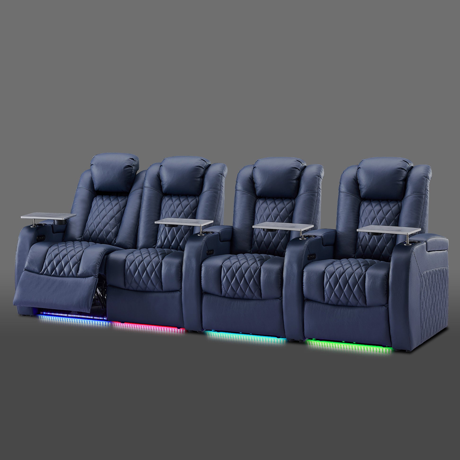 Blue four chair arrangement with a paired seating section on the left and two individual chairs