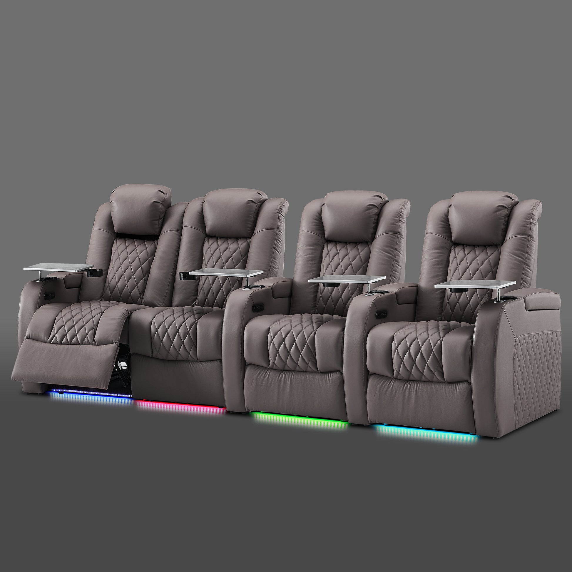 Gray four chair row with a joined pair on the left and two separate seats