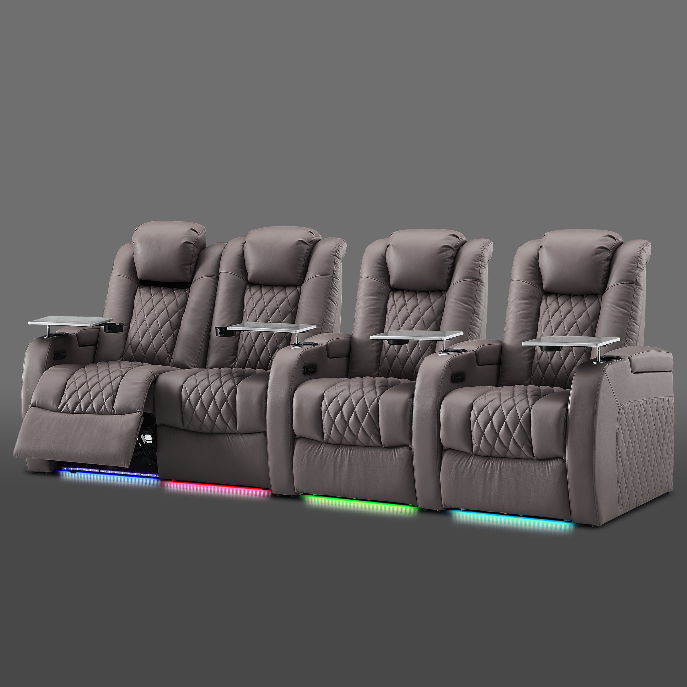 Gray four chair row with a joined pair on the left and two separate seats