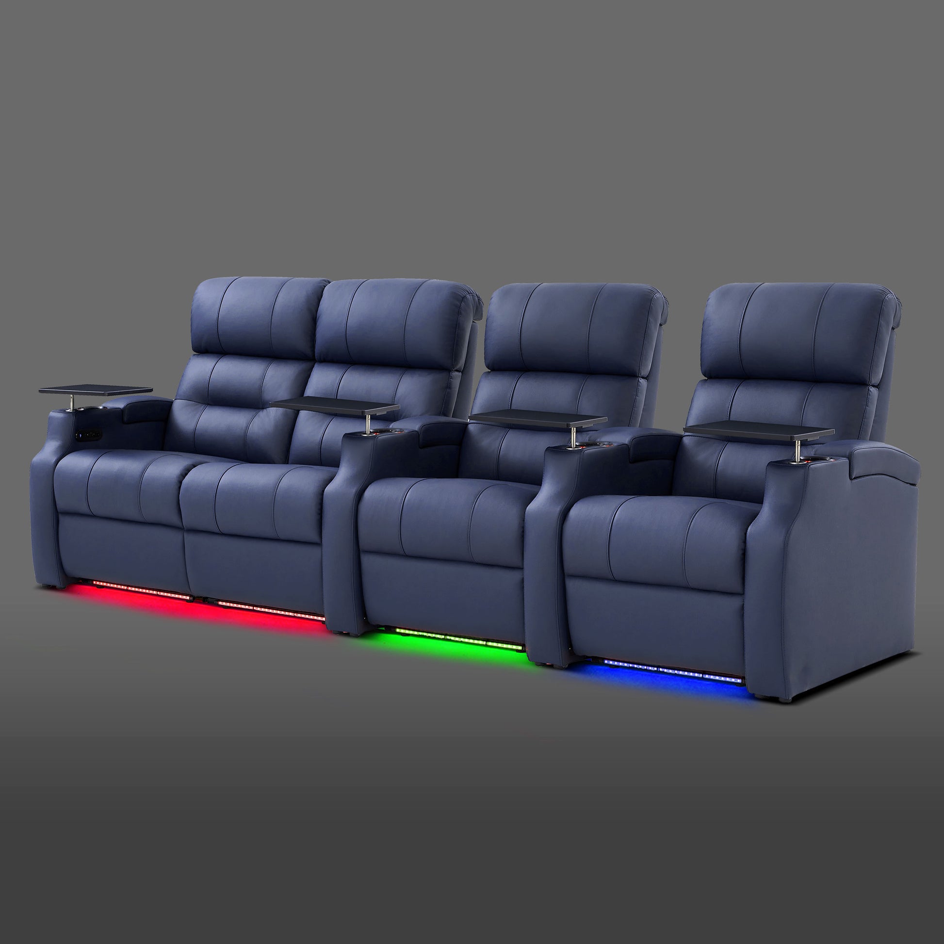 Edgex Series blue 4-seat cinema recliner arranged with a dual-seat section on the left and two independent chairs on the right