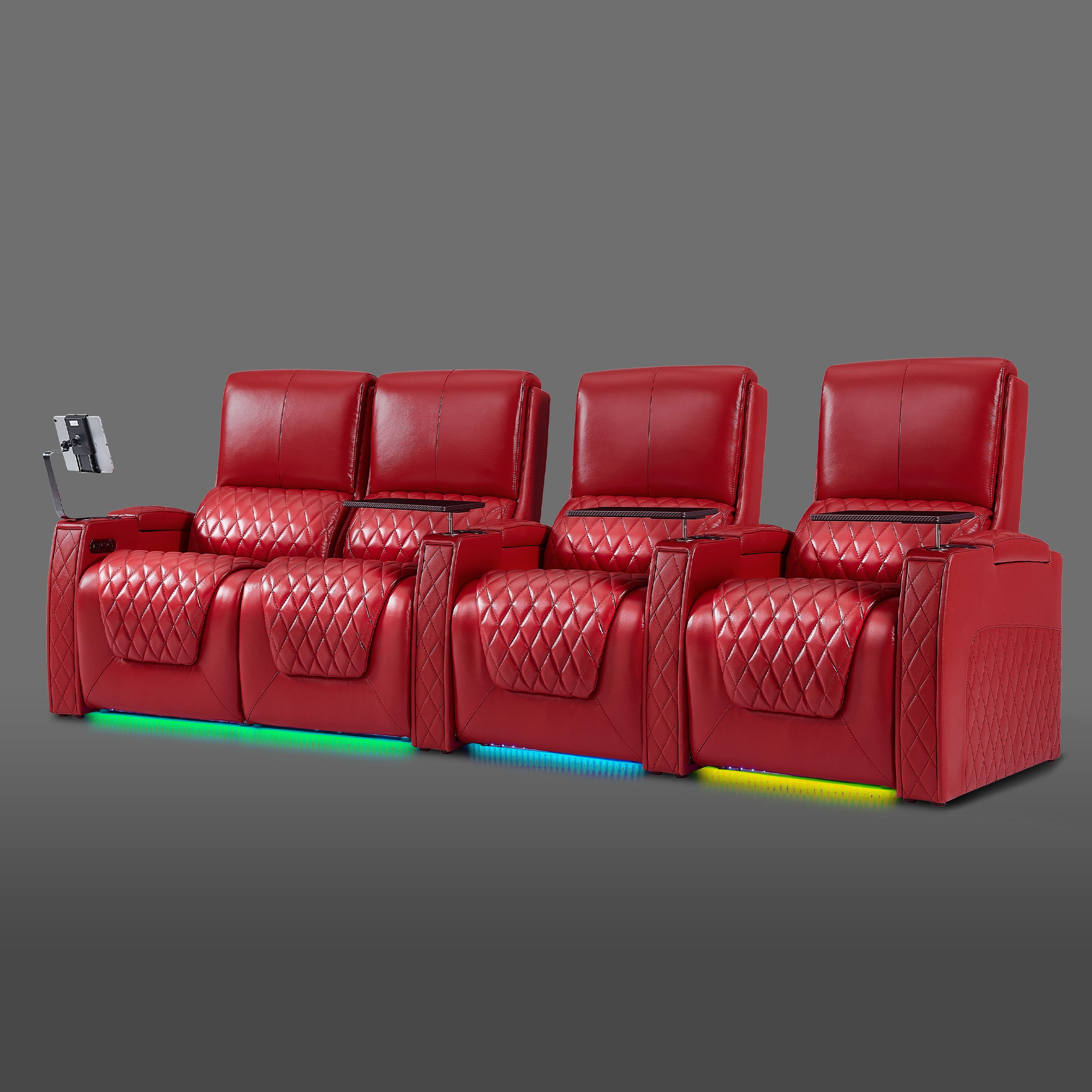 Axys series red 4-seat theater couch with a joined two-seat recliner on the left and two separate reclining seats on the right