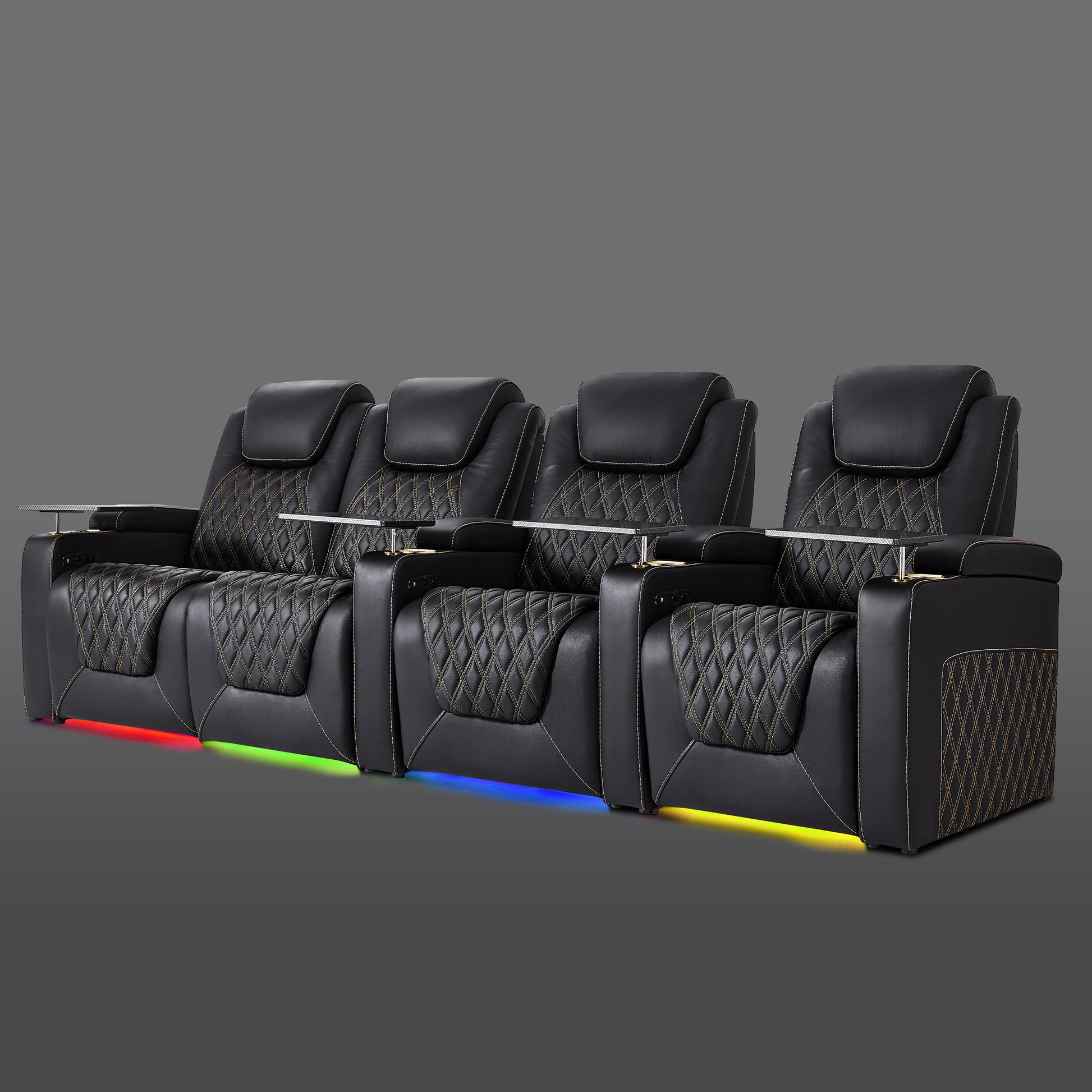 Black four chair row with the left two chairs grouped together and the remaining chairs separate