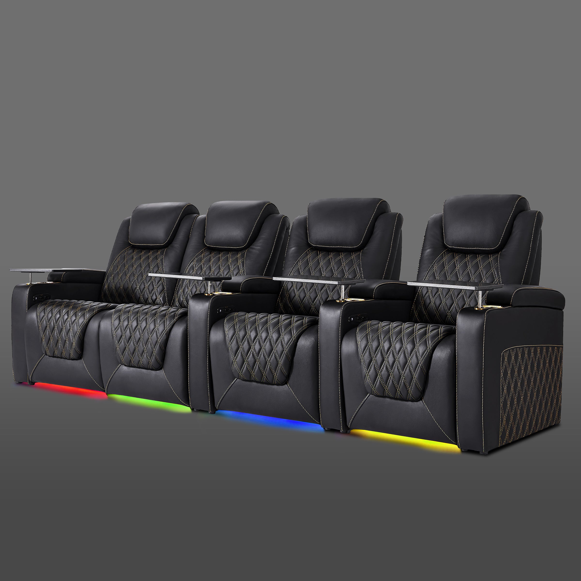 Black four chair row with the left two chairs grouped together and the remaining chairs separate