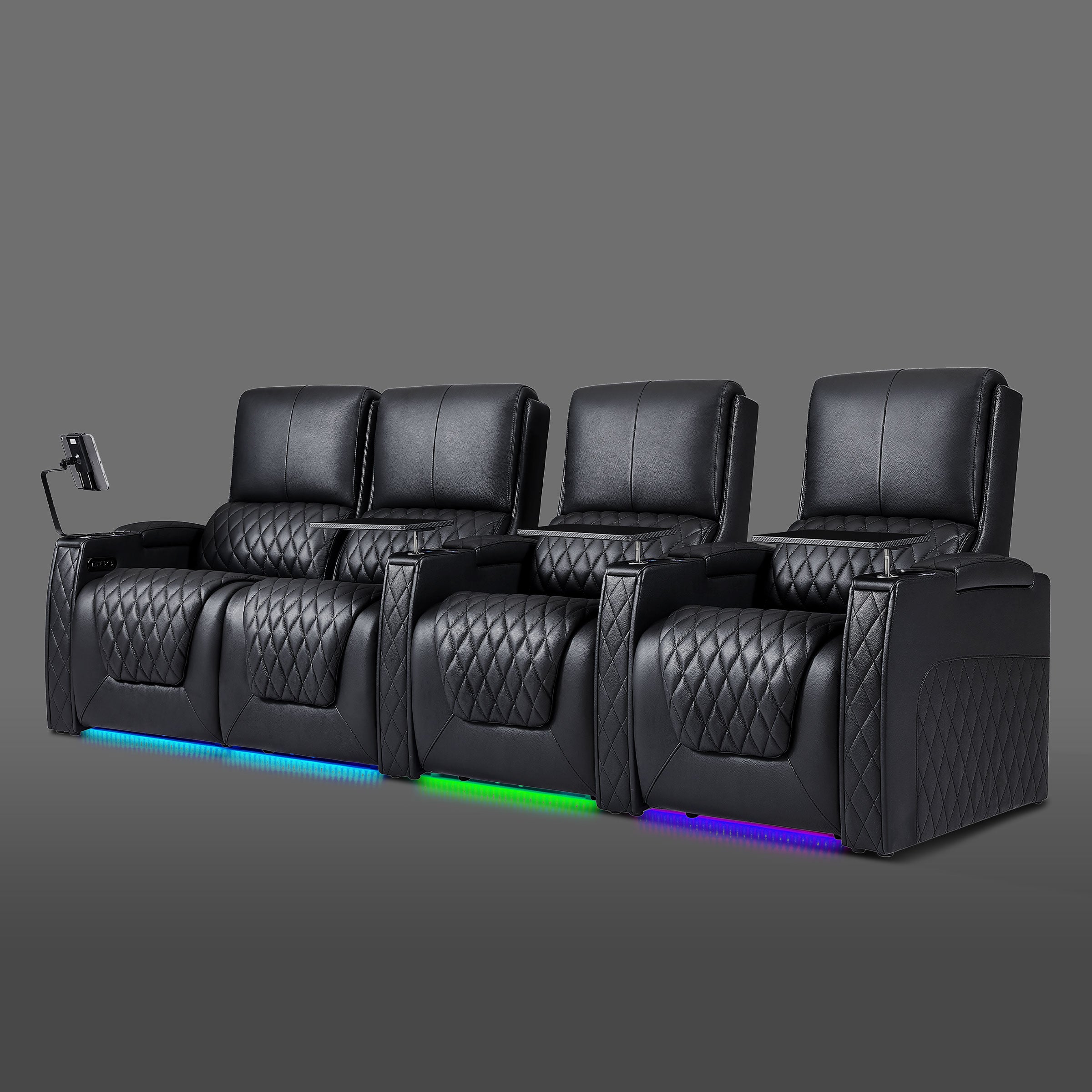 Axys series black 4-seat home theater recliner with left double seats and two individual reclining chairs on the right