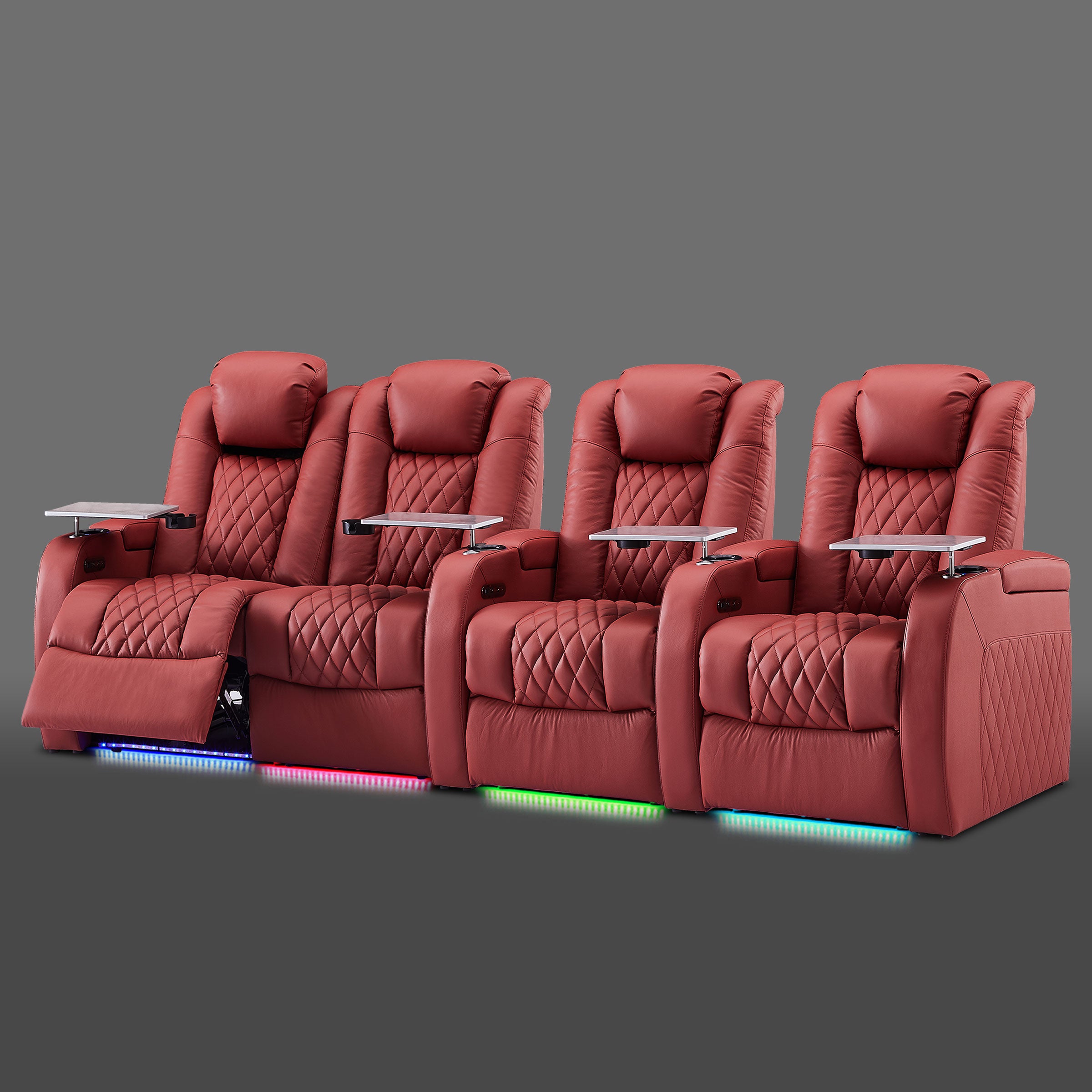 Red four chair seating with a paired section at the left side and two separate chairs