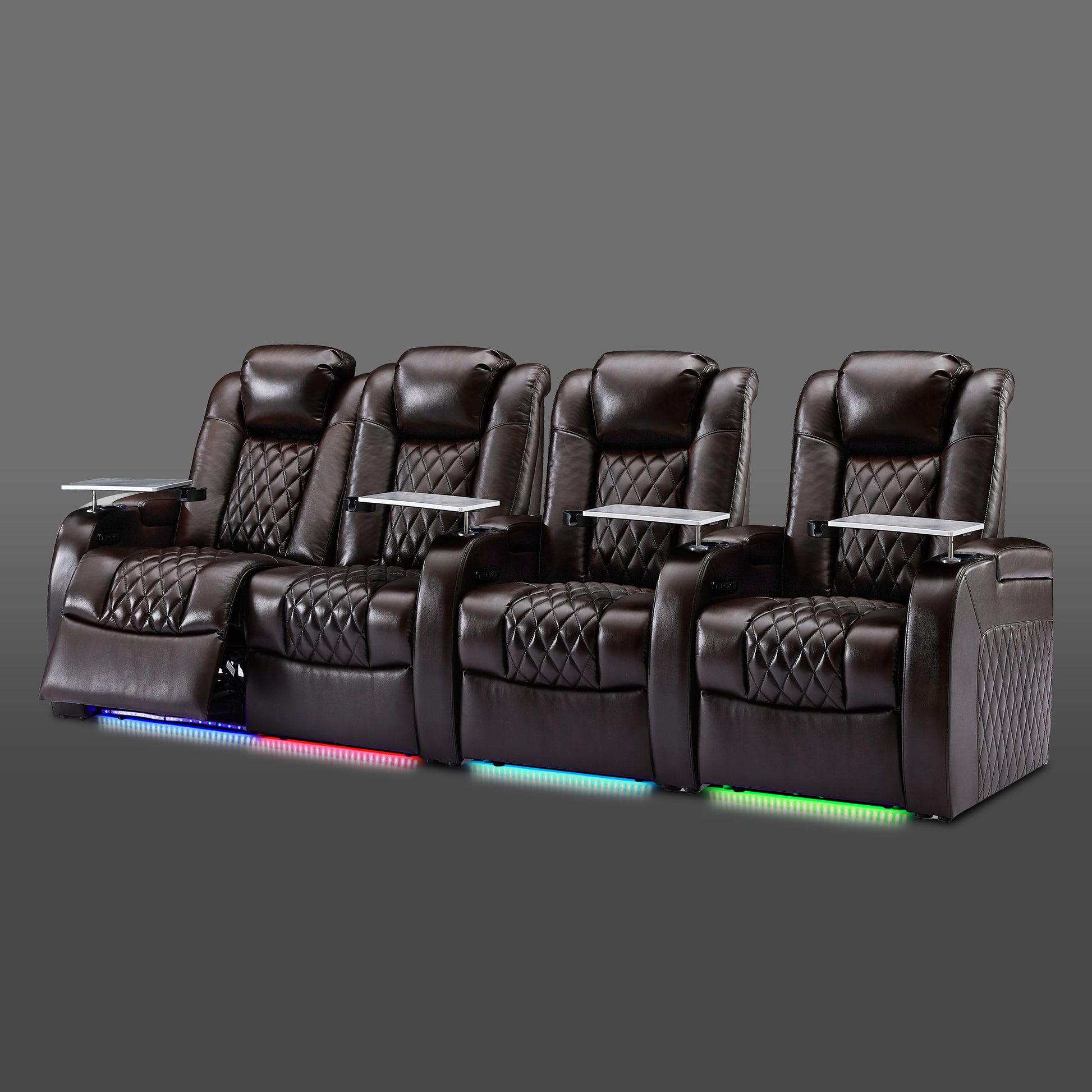 Brown four chair setup combining a two chair section on the left with two individual chairs