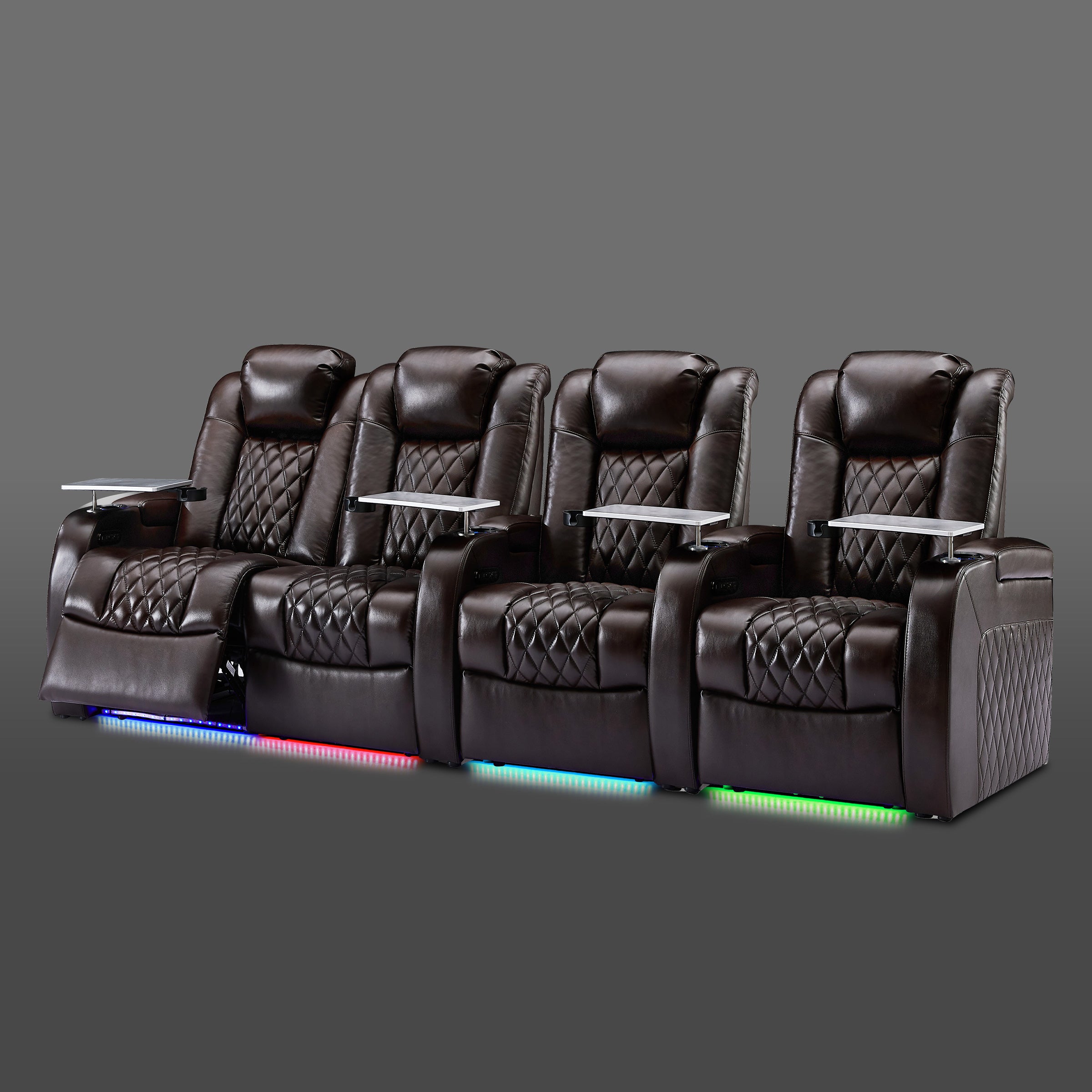 Brown four chair setup combining a two chair section on the left with two individual chairs