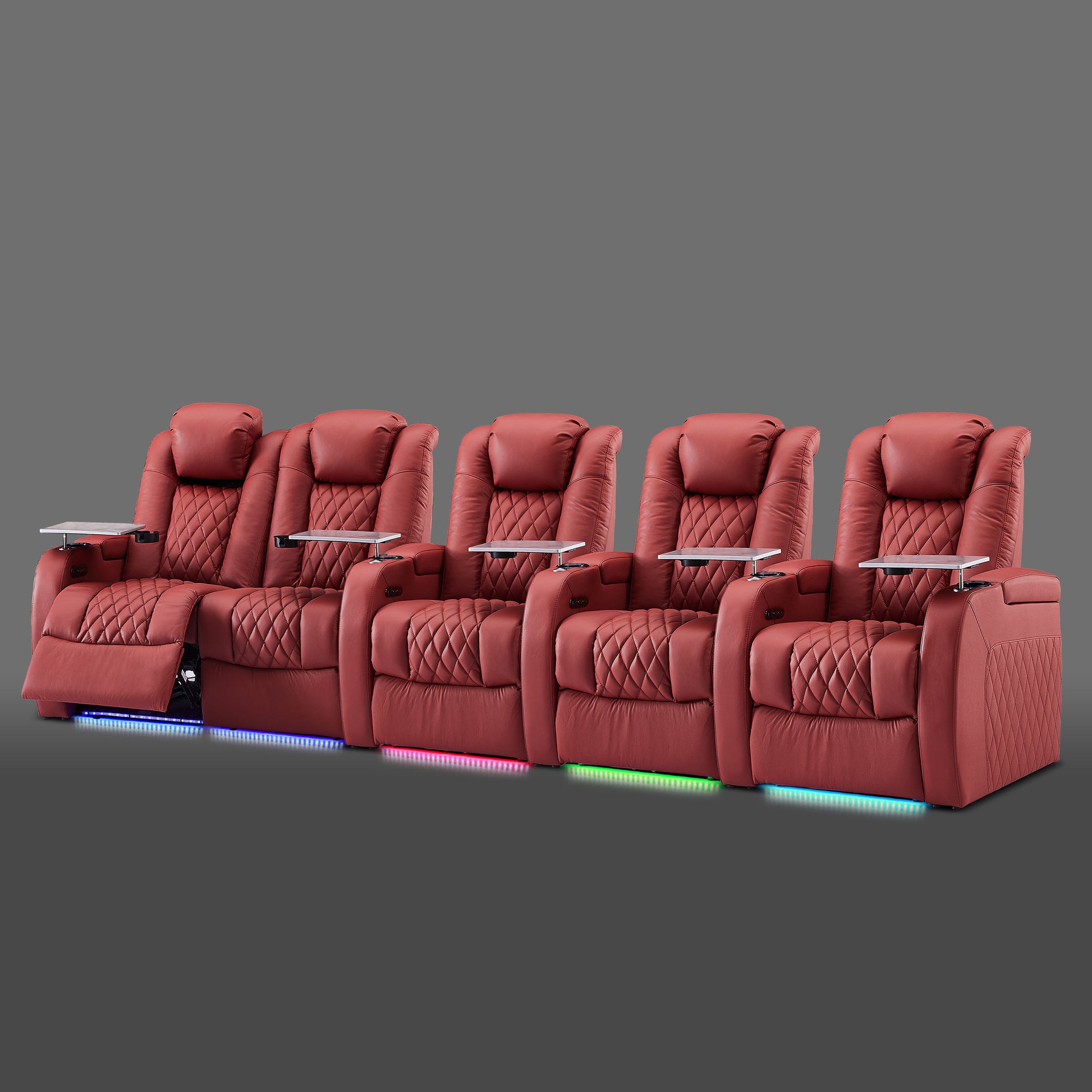 Red five chair seating with a paired section on the left and three single chairs