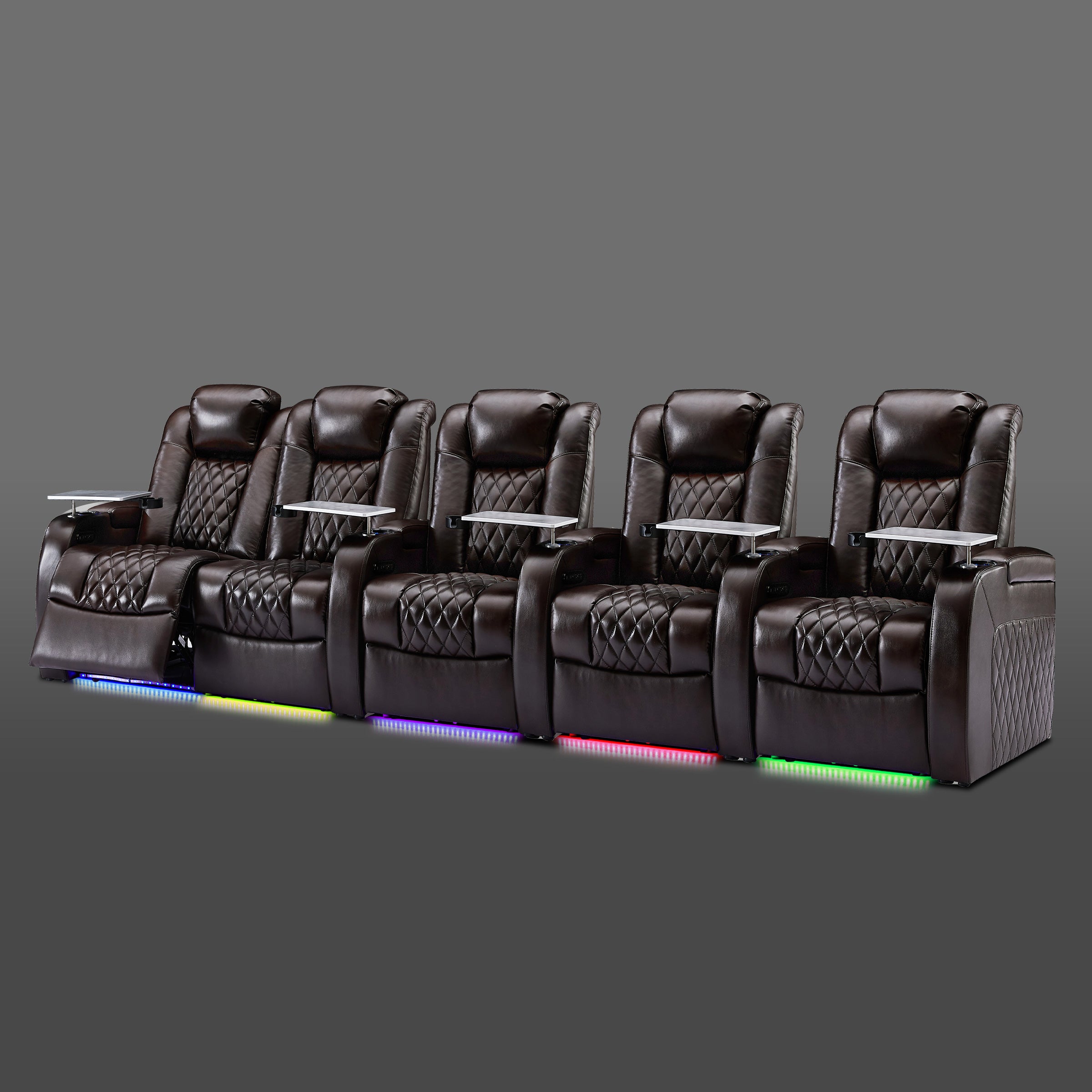 Brown five chair arrangement with a grouped pair on the left and three individual chairs