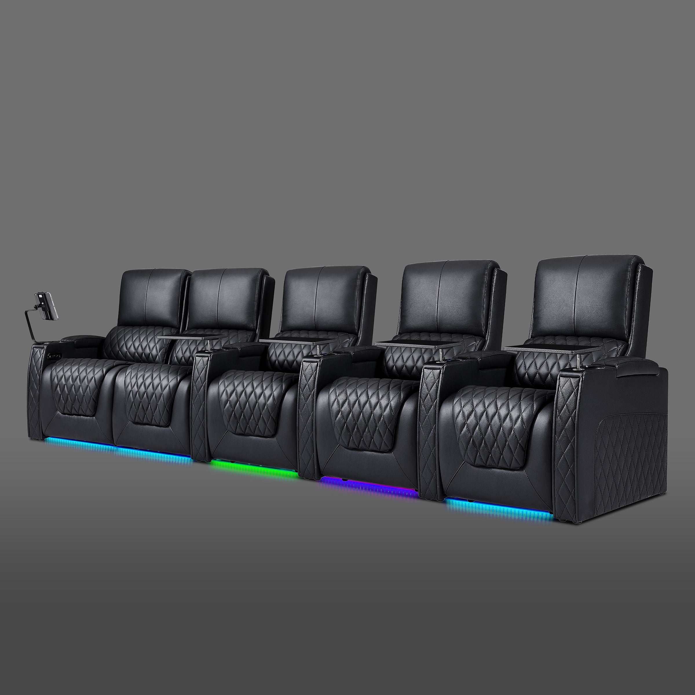 Axys series black 5-seat home theater recliner layout with left loveseat section and three individual reclining chairs