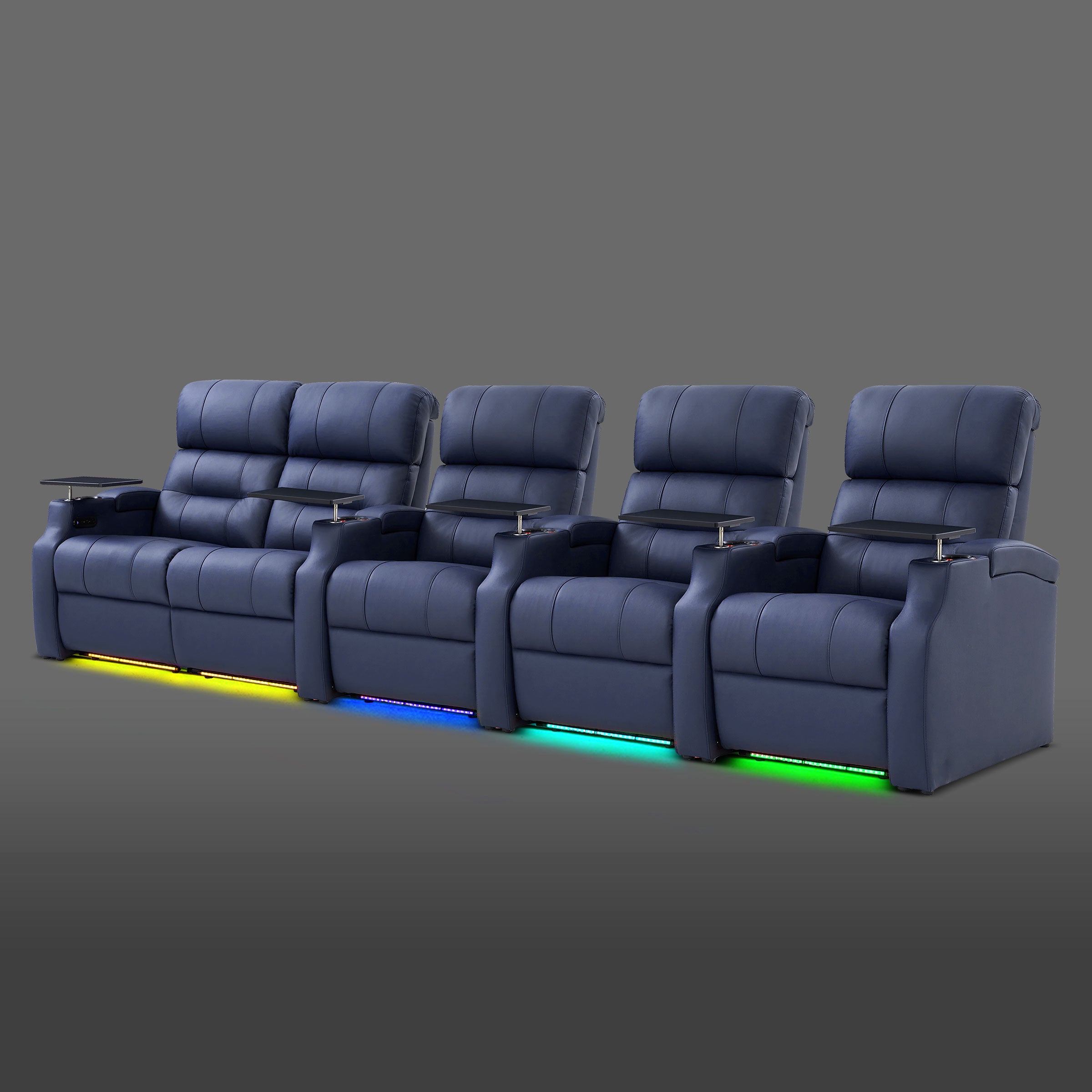 Edgex Series blue 5-seat home theater seating with a left-side dual recliner and three separate seats