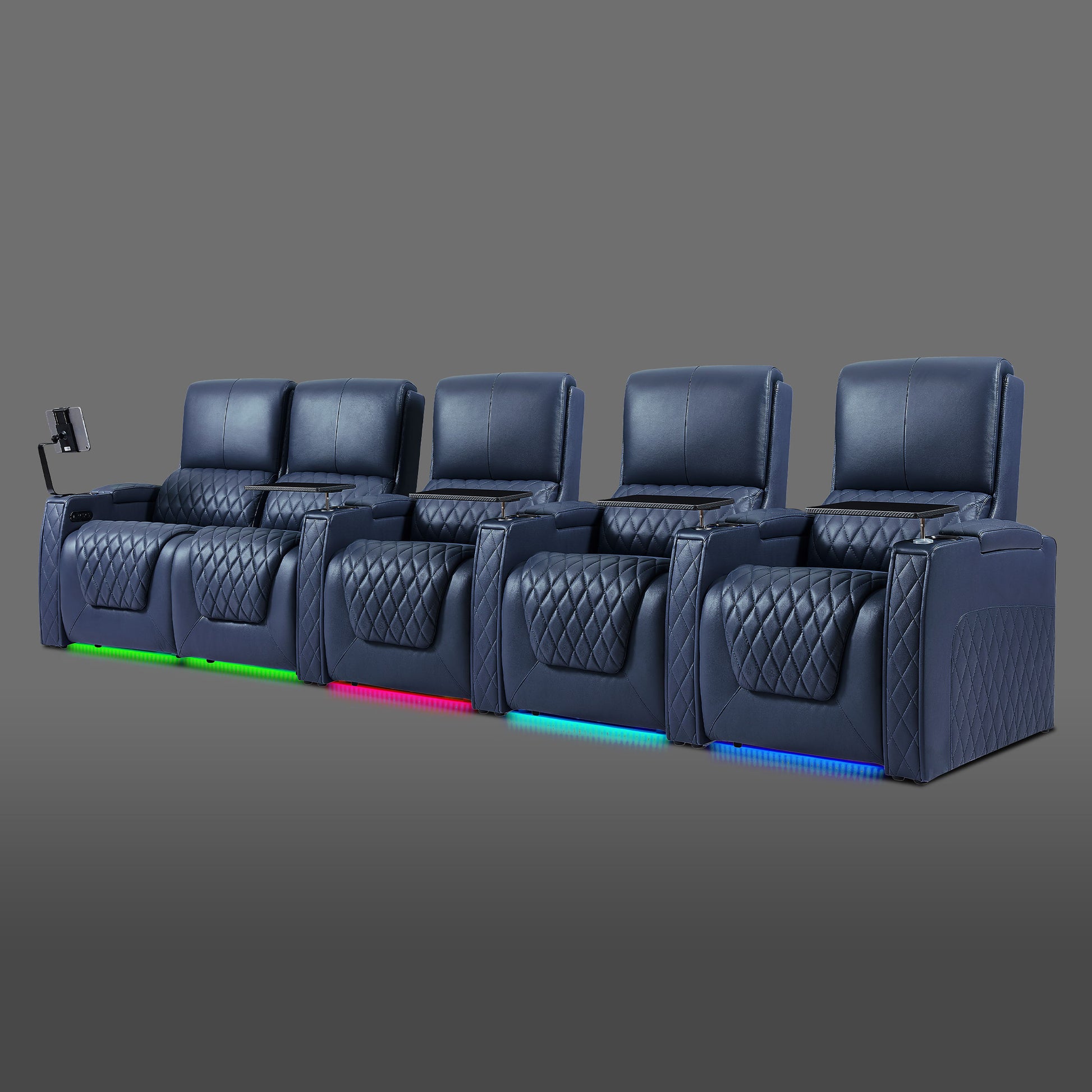 Axys series blue 5-seat cinema sofa with a left-side two-seat module and three independent reclining chairs
