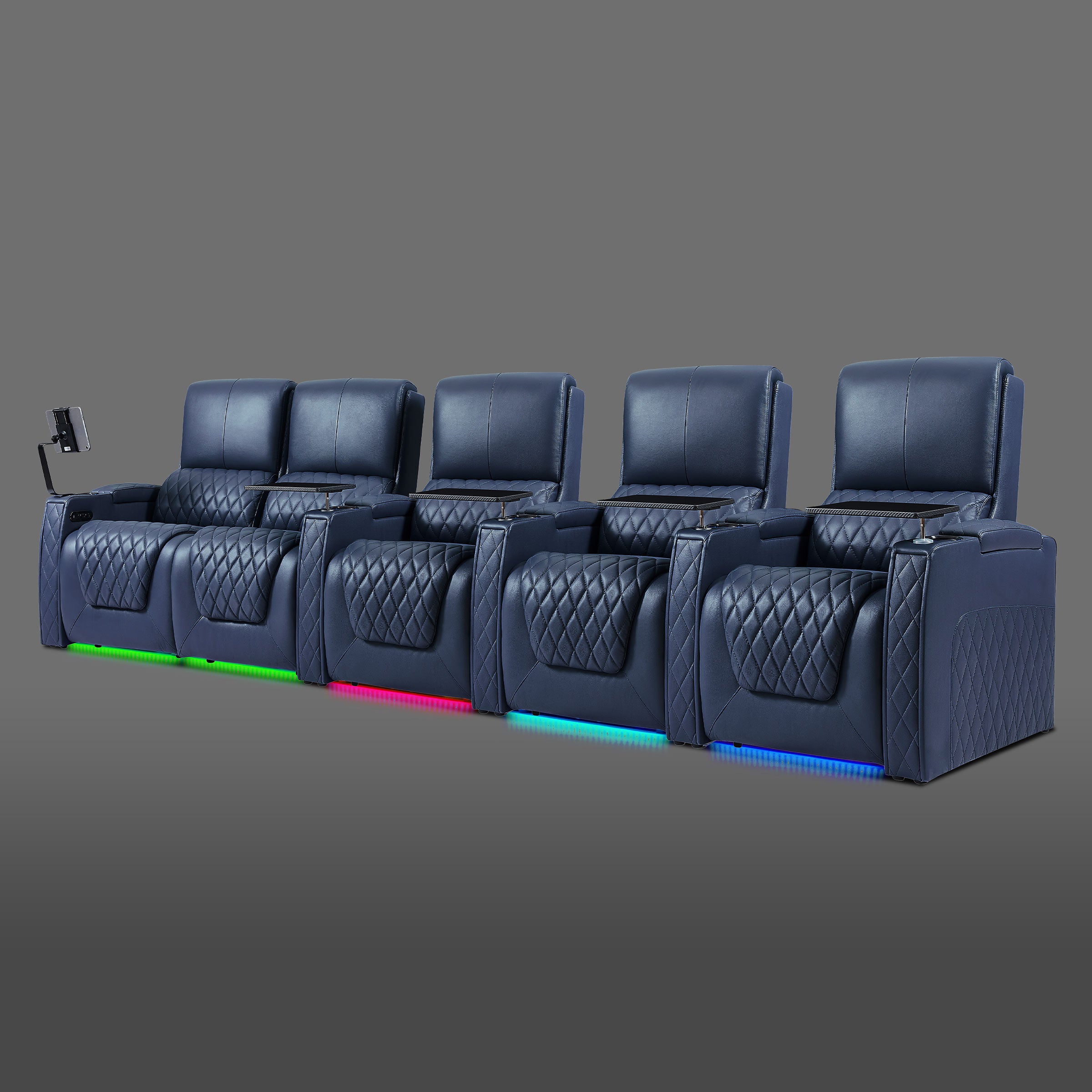 Axys series blue 5-seat cinema sofa with a left-side two-seat module and three independent reclining chairs