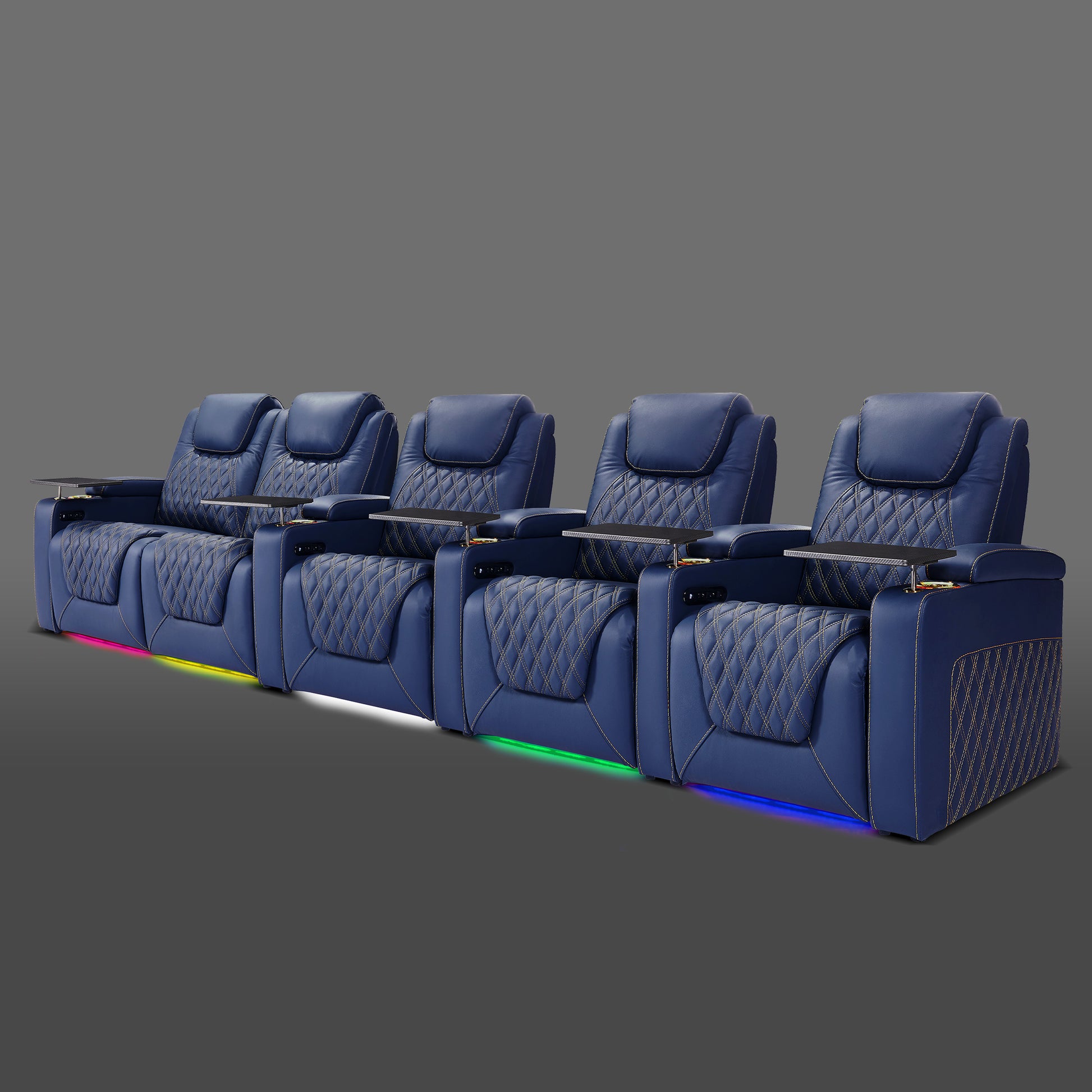 Blue five chair arrangement starting with a linked pair followed by three individual chairs