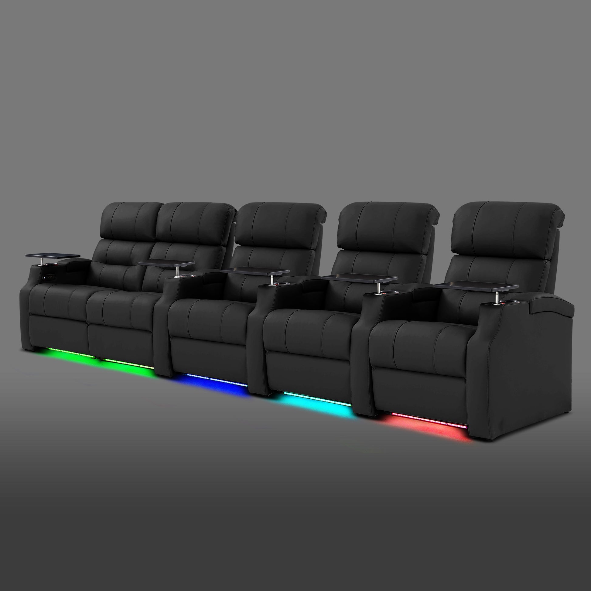 Edgex Series black 5-seat theater sofa with a two-seat recliner block on the left and three single reclining chairs