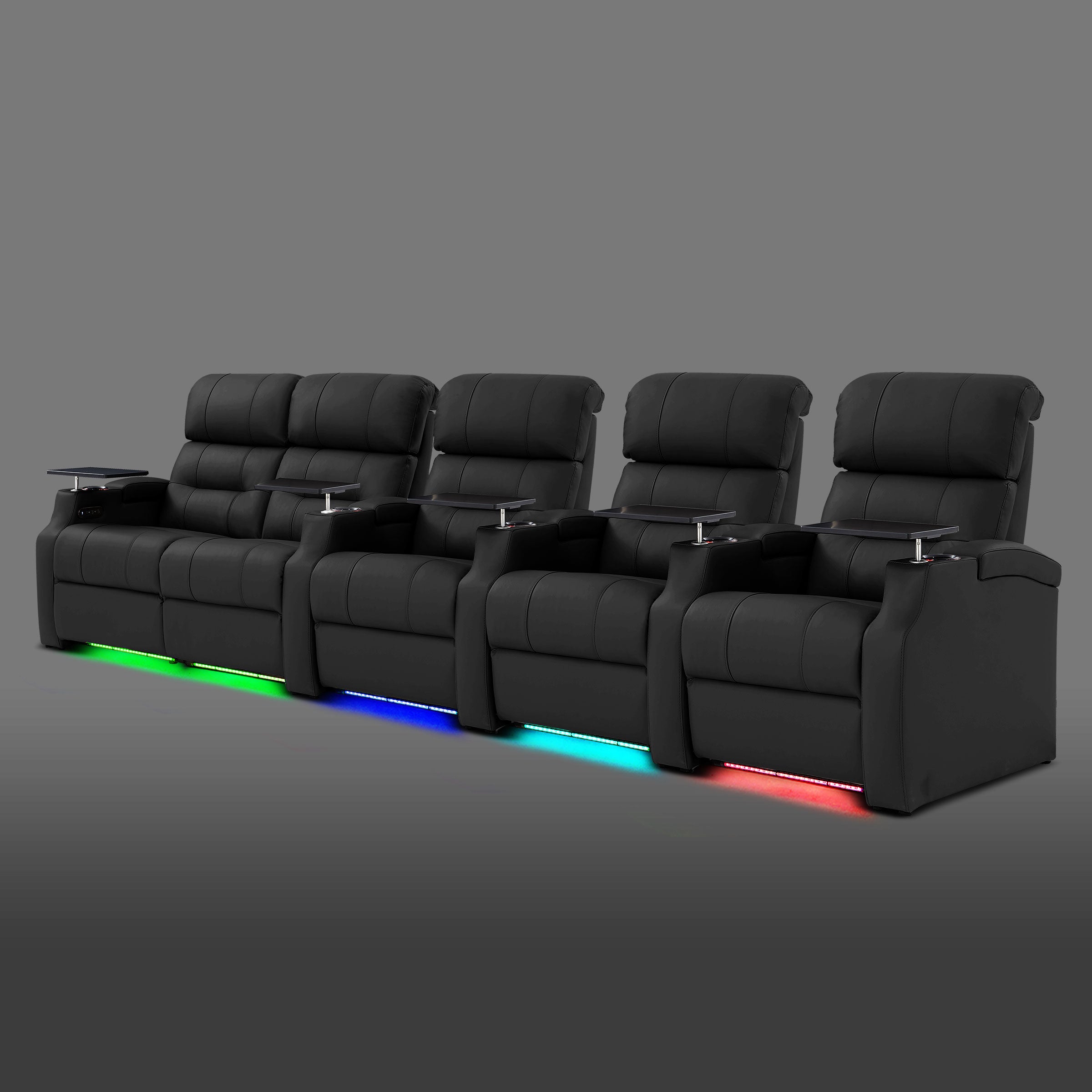 Edgex Series black 5-seat theater sofa with a two-seat recliner block on the left and three single reclining chairs