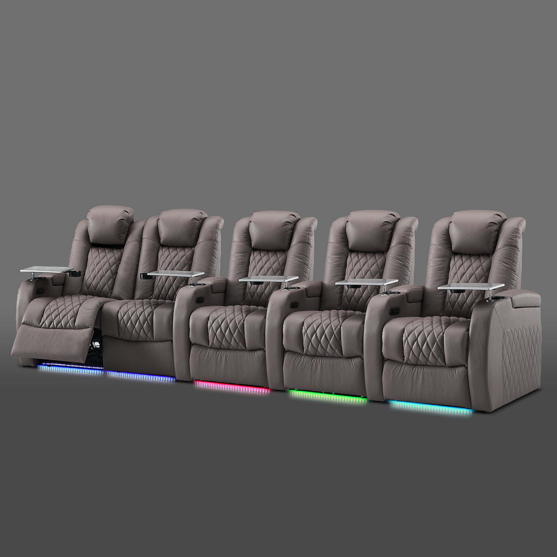 Gray five chair row with a joined pair on the left and three individual seats