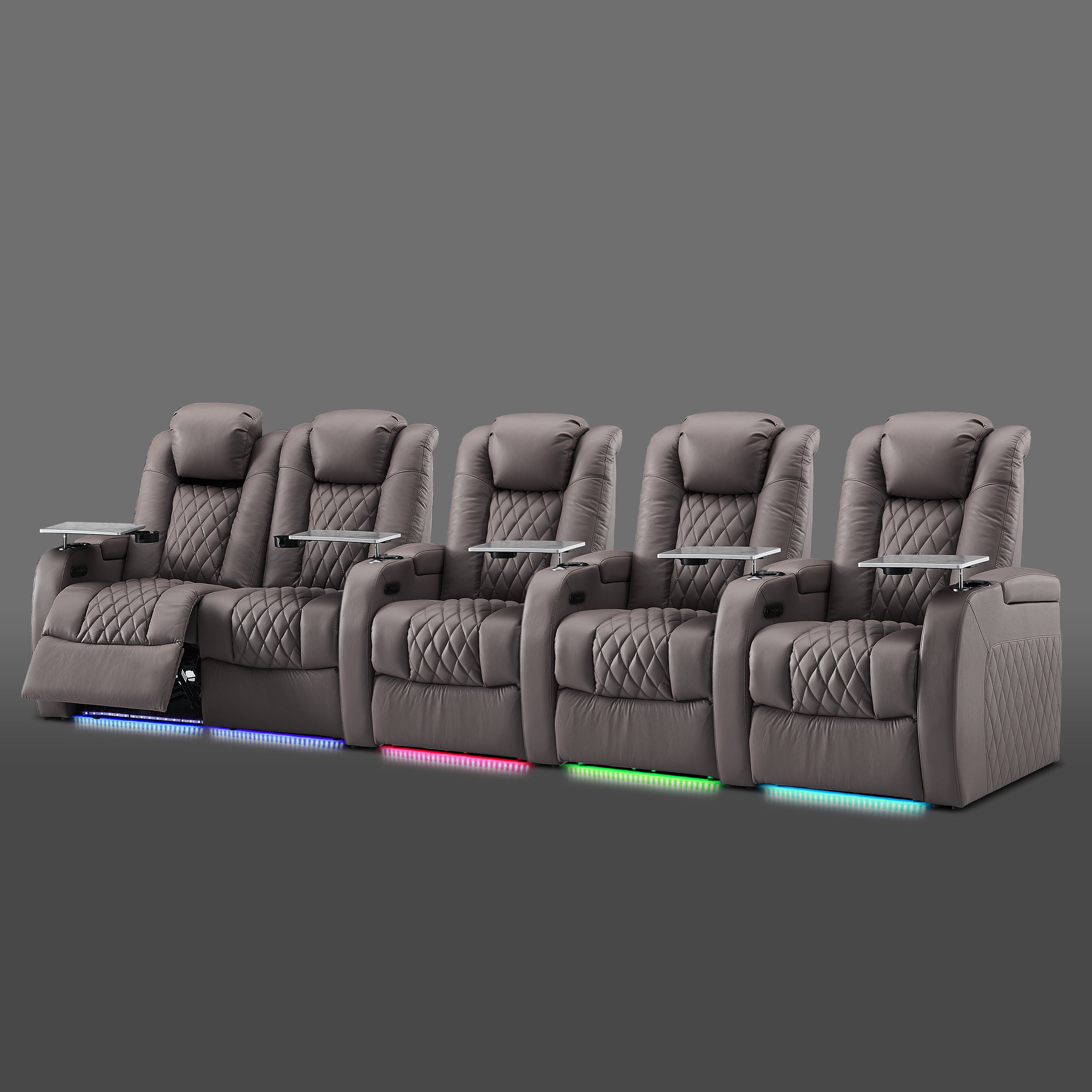 Gray five chair row with a joined pair on the left and three individual seats