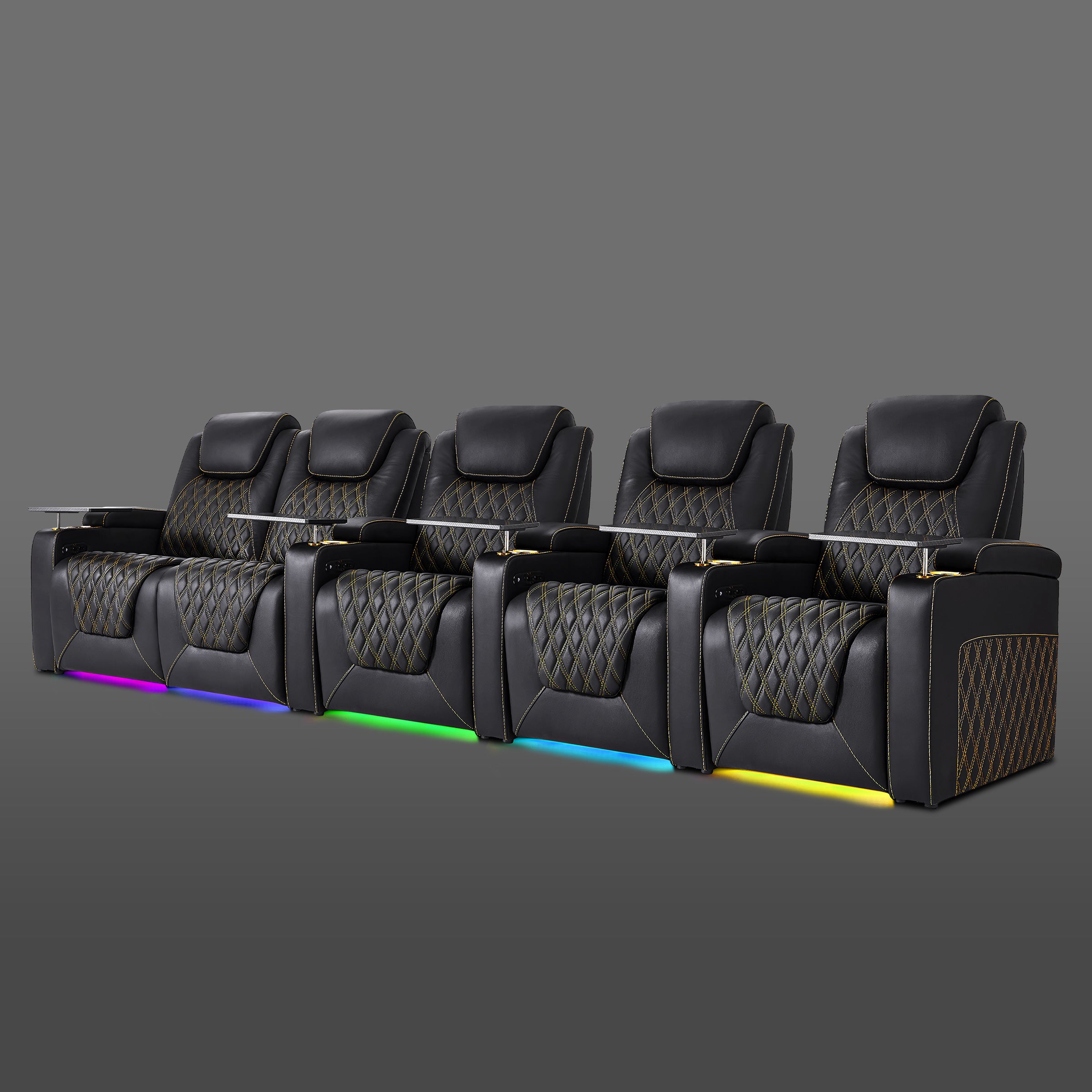 Black five chair row where the first two chairs form a connected section and the others stand alone