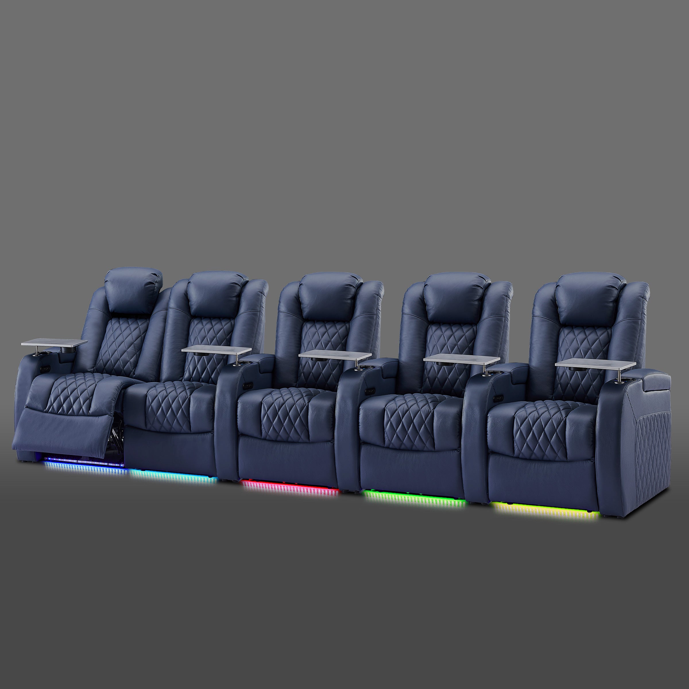 Blue five chair layout with a paired seating section on the left and three individual chairs