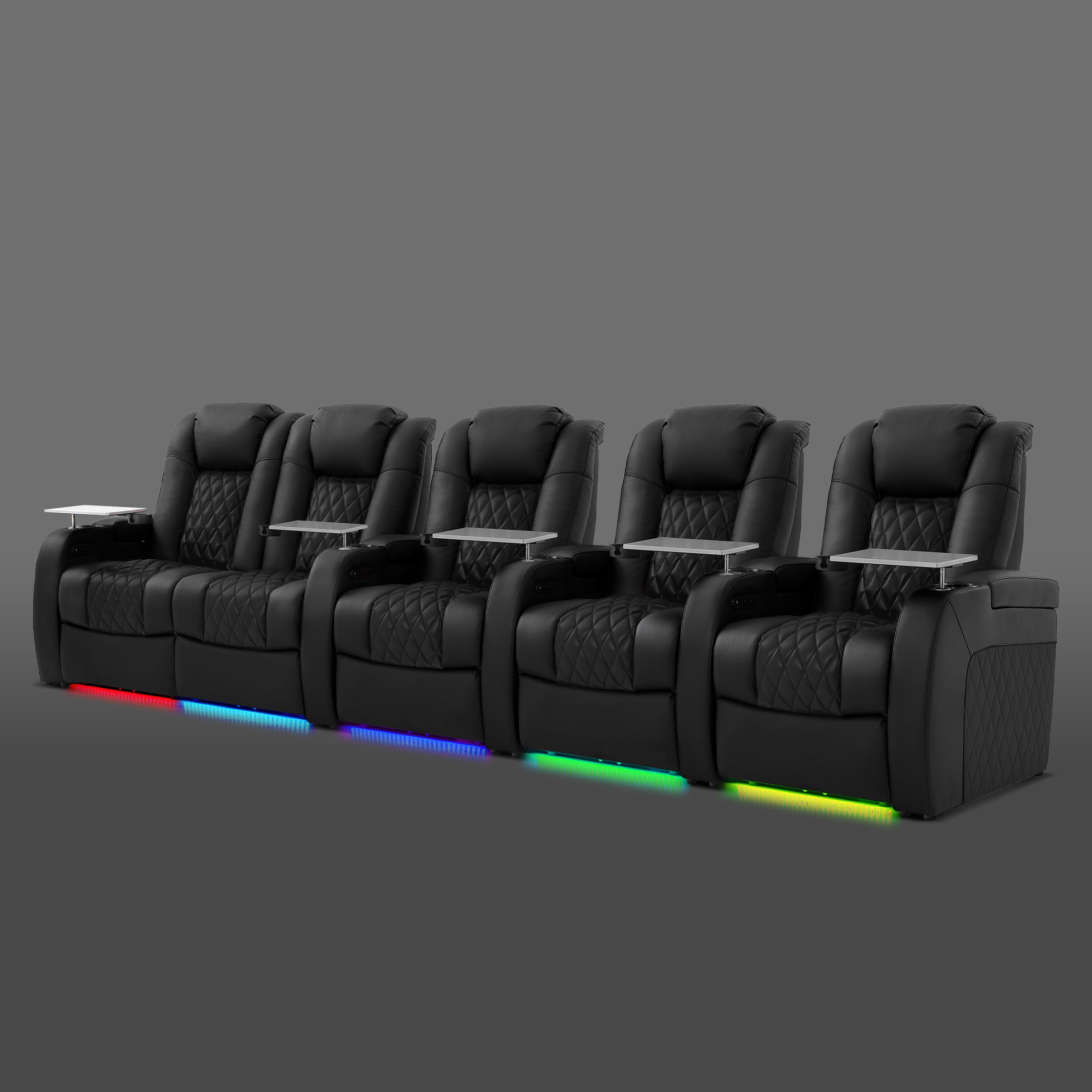Black five seat layout with two connected chairs on the left and three separate chairs