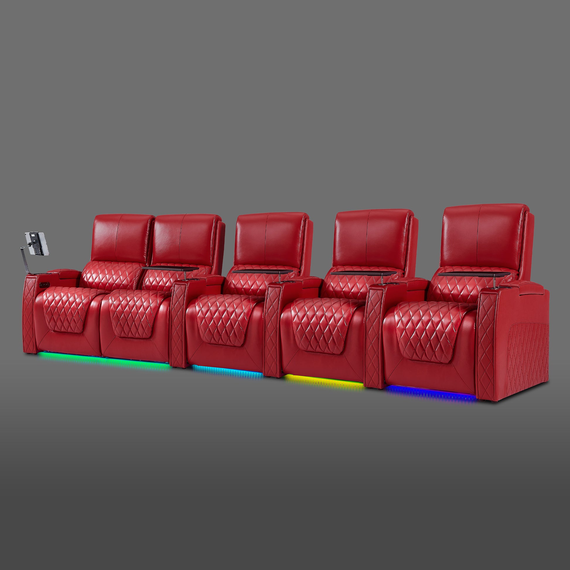 Axys series red 5-seat home cinema seating with a left-side connected two-seat recliner and three single chairs