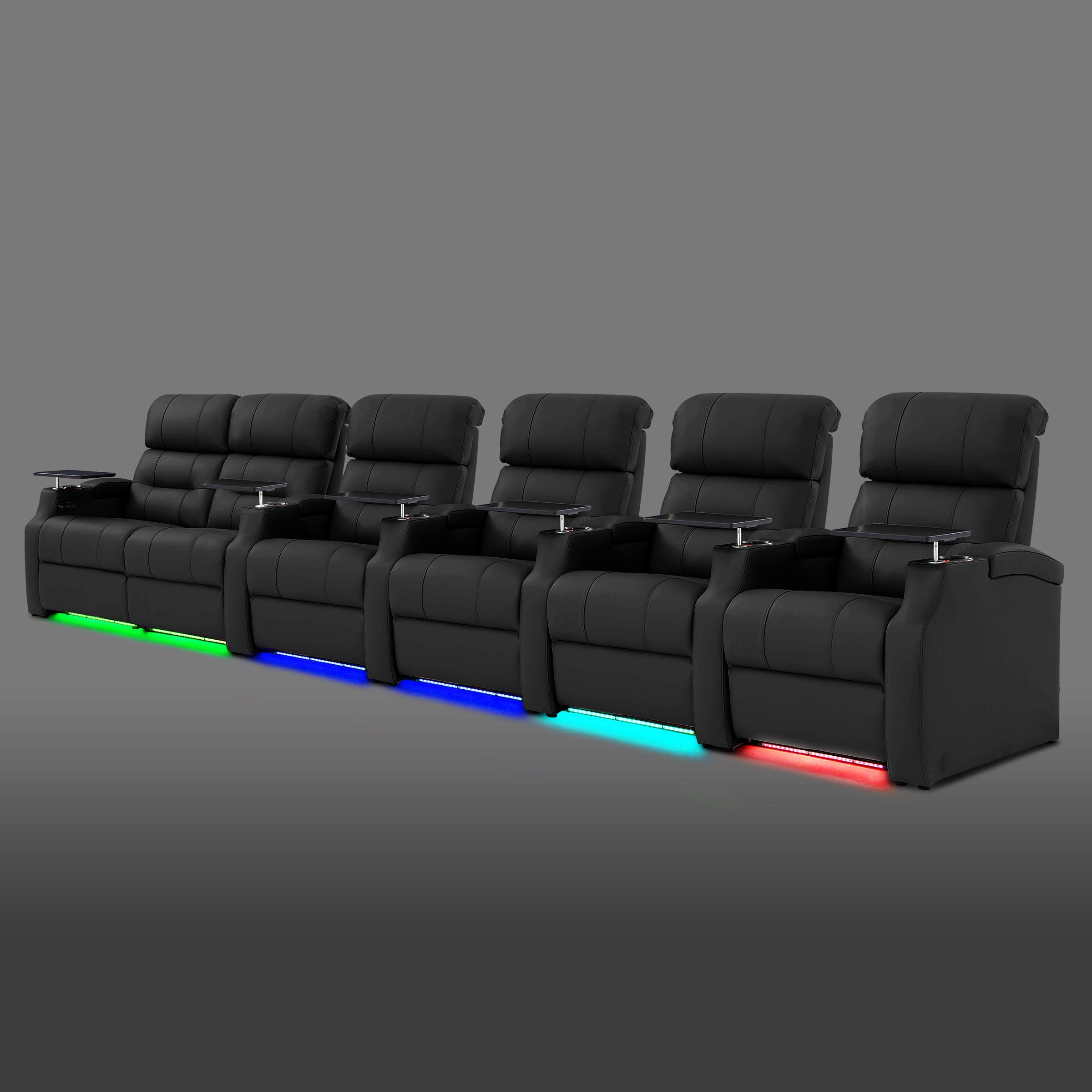 Black six seat home theater recliners with two seats joined on the left and four standalone chairs