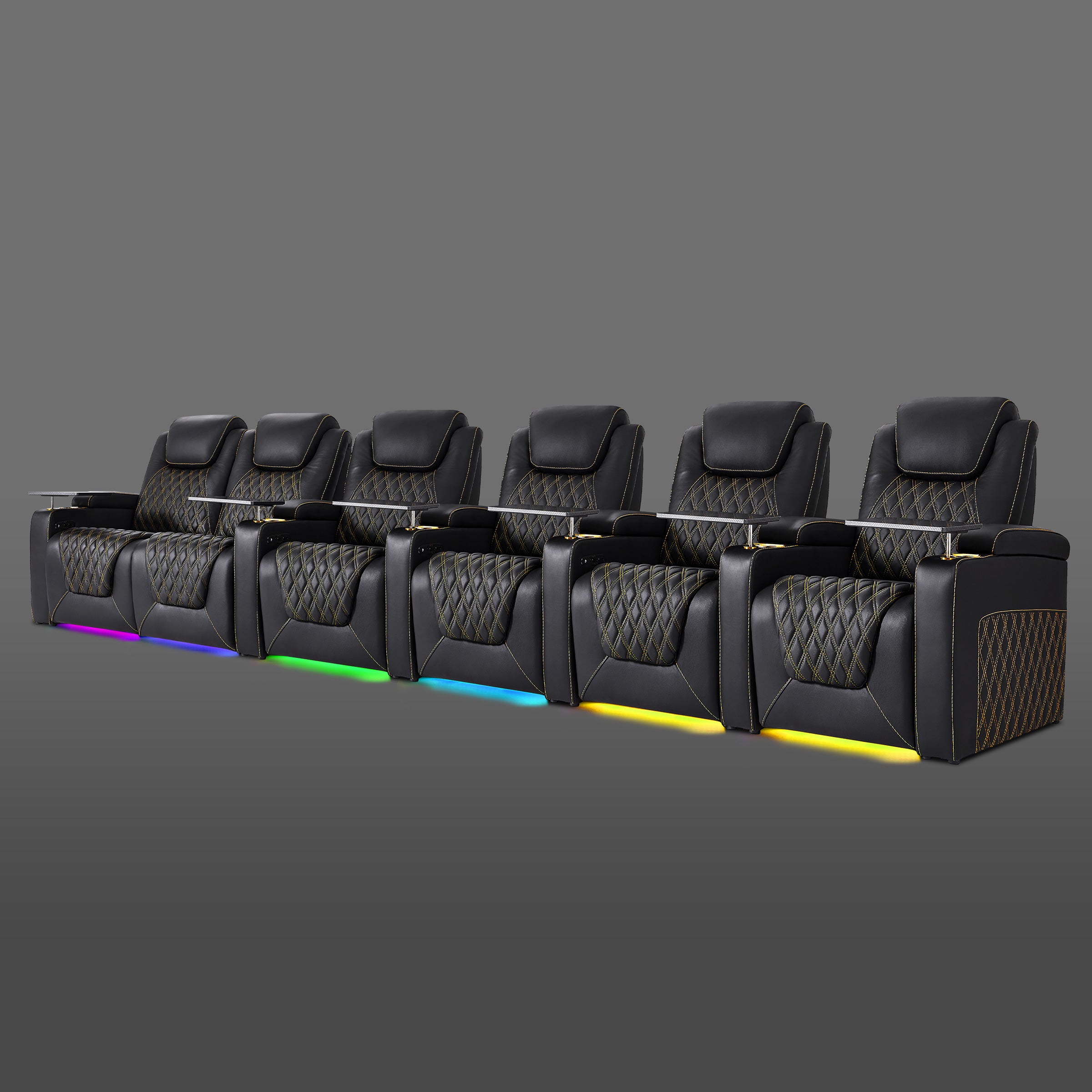 Black 6 seat home theater seating with left two recliners connected and four individual chairs