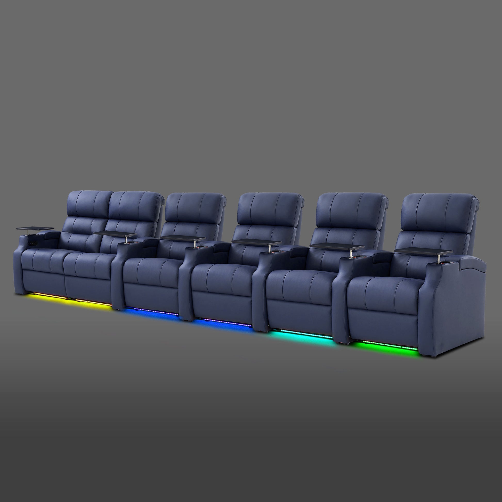 Blue six seat reclining cinema chairs featuring a double seat section on the left