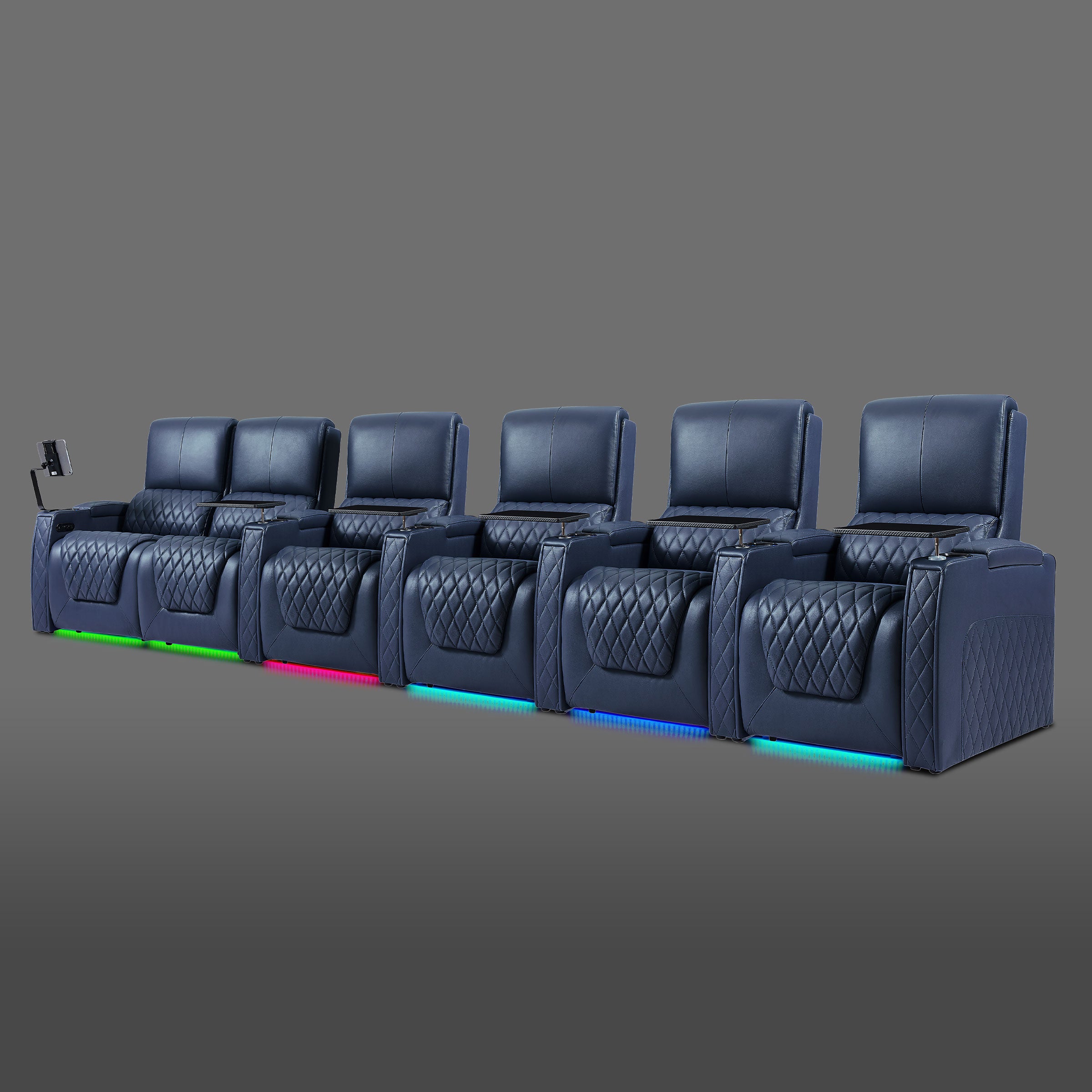 Blue six seat home cinema arrangement with a double recliner section on the left