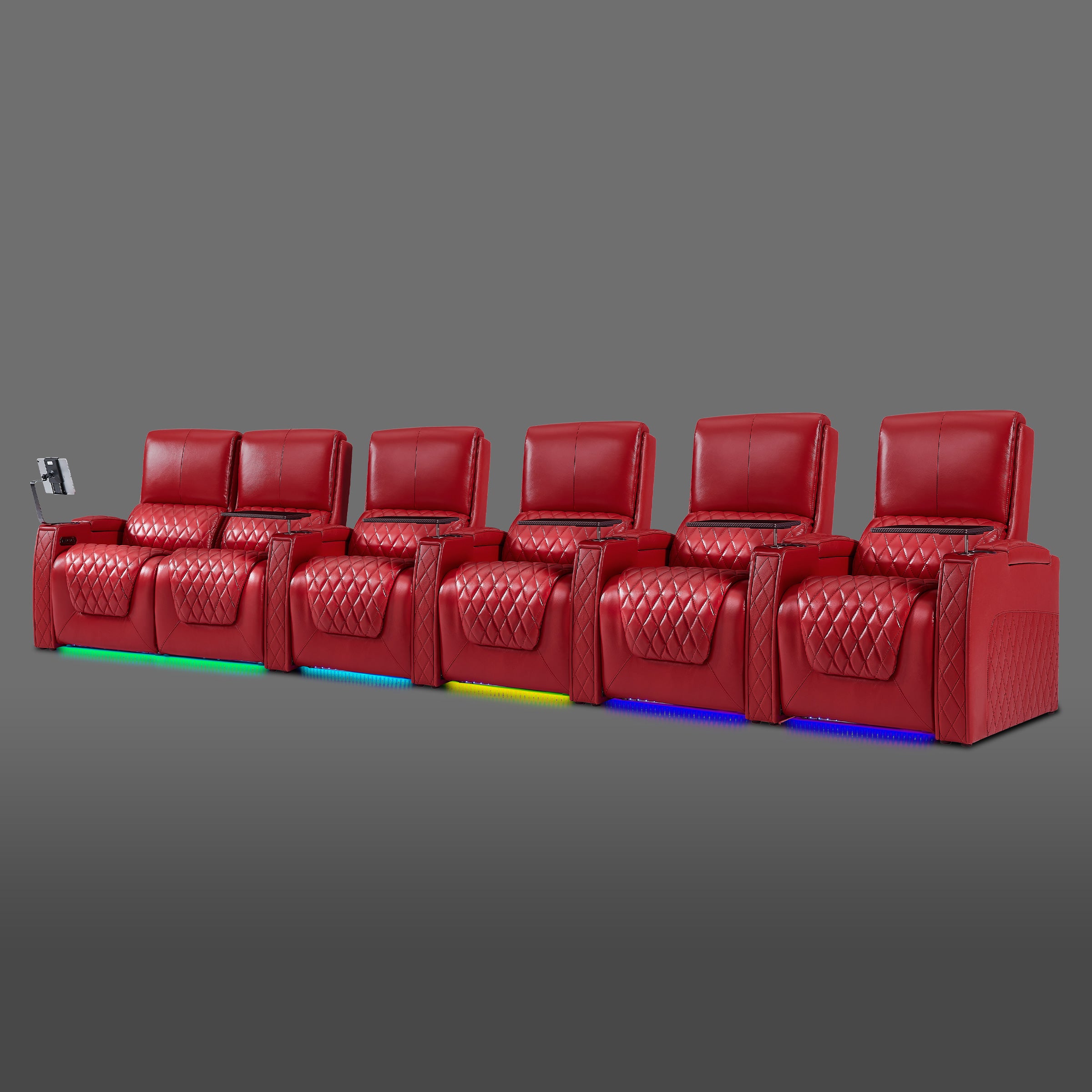 Red six seat cinematic recliner setup with dual seating positioned on the left
